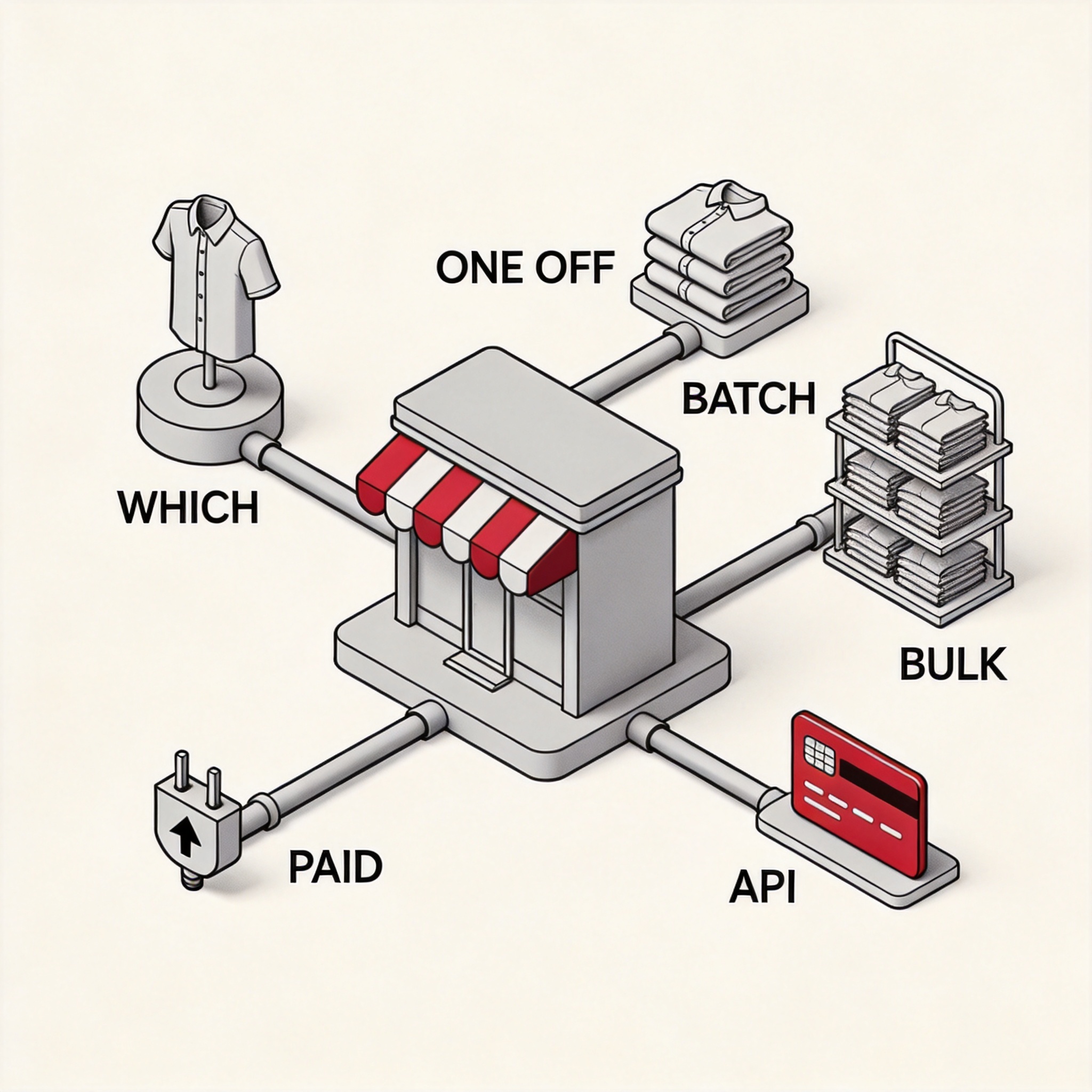 Decision tree branching from a central storefront hub: WHICH, ONE OFF, BATCH, BULK, PAID, API callouts connecting a single shirt, a small stack, a full shelf, a credit-card icon, and a plug-and-arrow icon