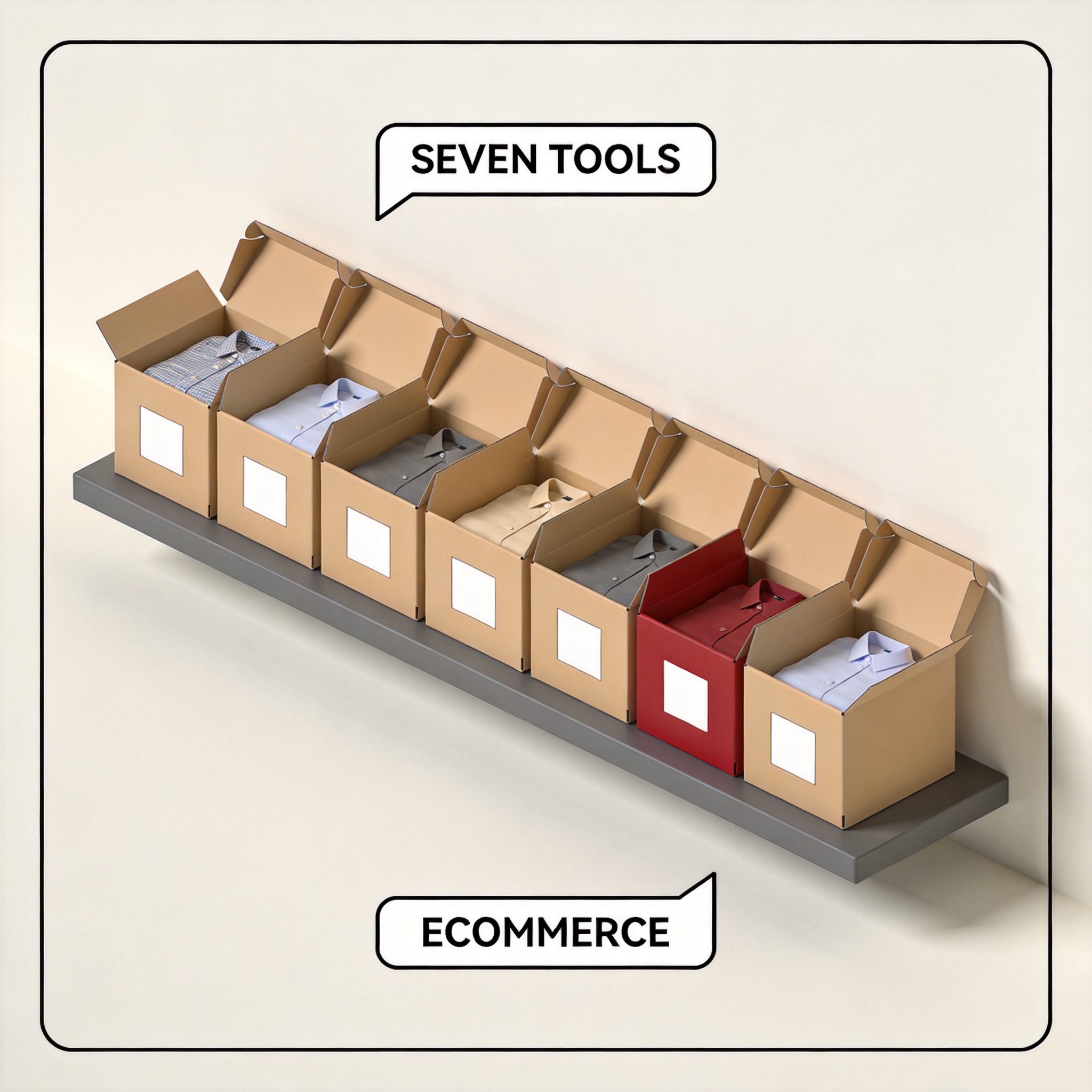 Seven cardboard boxes each holding a folded shirt, arranged in a row on a shelf, with SEVEN TOOLS and ECOMMERCE callouts — the seven ecommerce-ready tools compared side by side