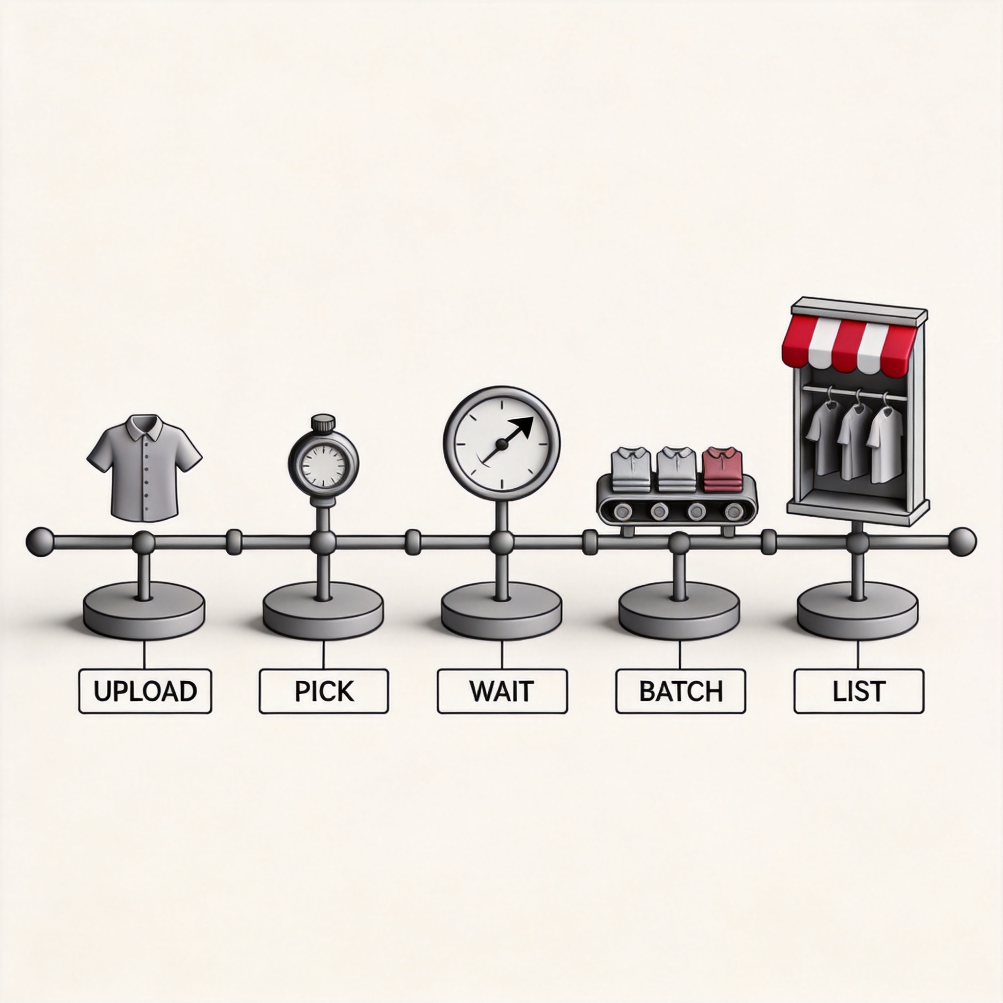 Five-step pipeline from flat-lay upload to listing-ready image: UPLOAD, PICK, WAIT, BATCH, LIST callouts connecting a flat-lay shirt, a dial knob, a clock, a conveyor with three shirts, and a storefront shelf