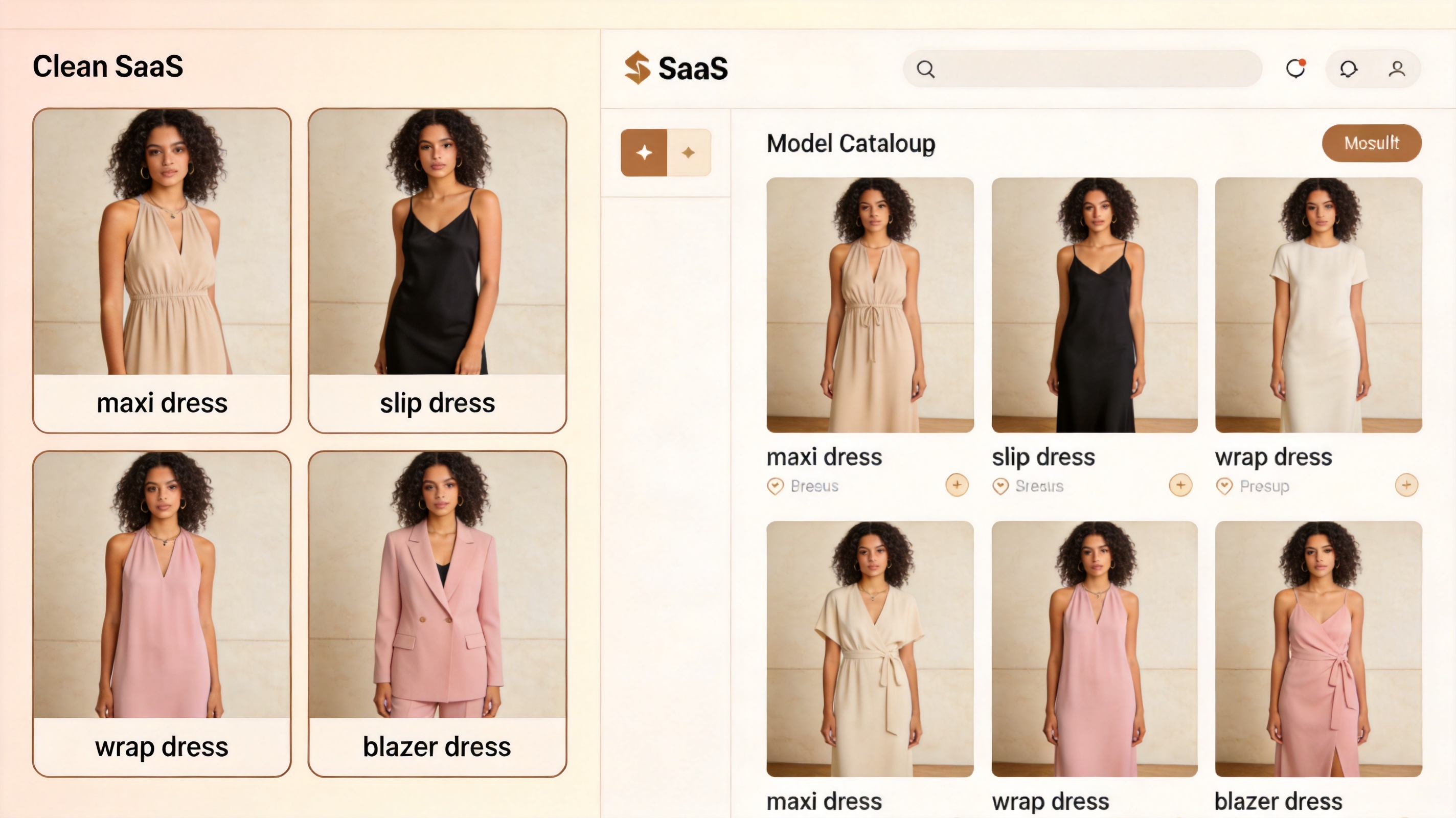 A batch interface showing a women's dress collection uploaded in a grid and converted into consistent on-model catalog results with the same model preset