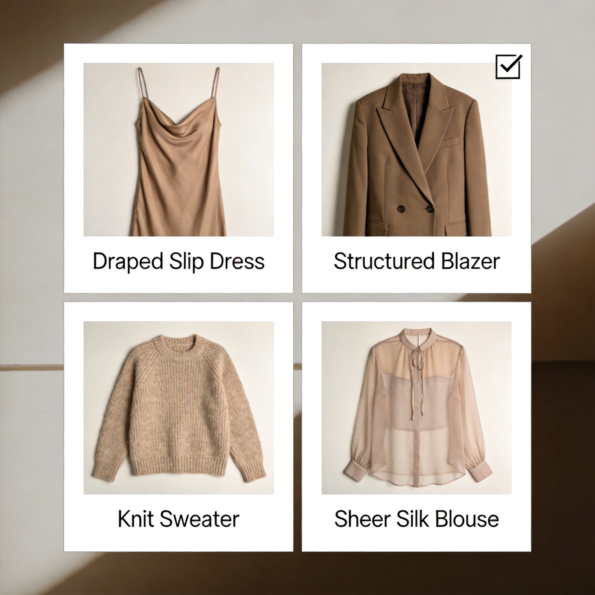 A 2x2 grid of womenswear categories for AI clothes changer processing: draped slip dress, structured blazer, knit sweater, and sheer silk blouse