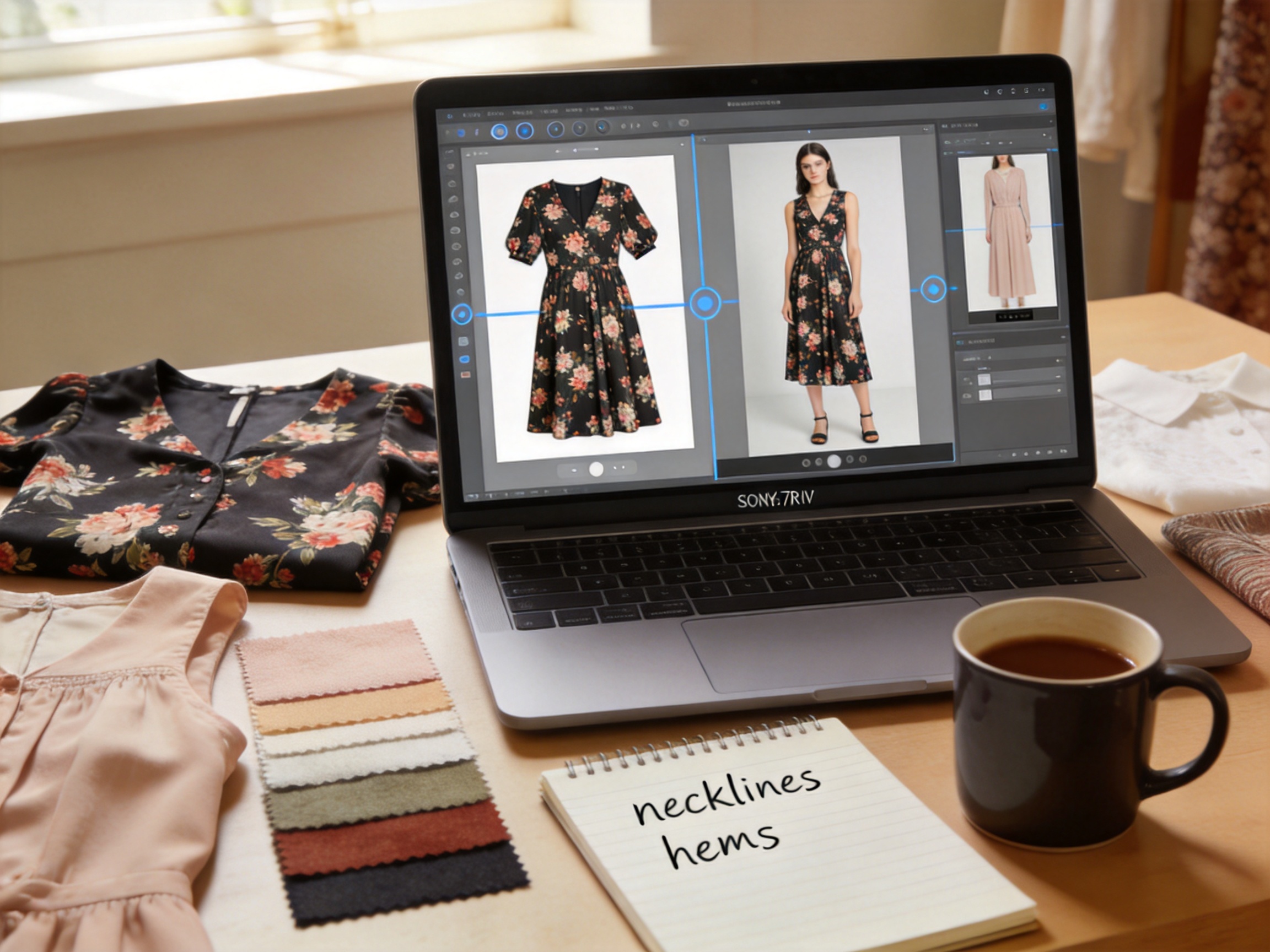 Editorial workspace with a laptop displaying an AI clothes changer for women interface transforming a floral midi dress into an on-model catalog image, with dresses and fabric swatches on the desk