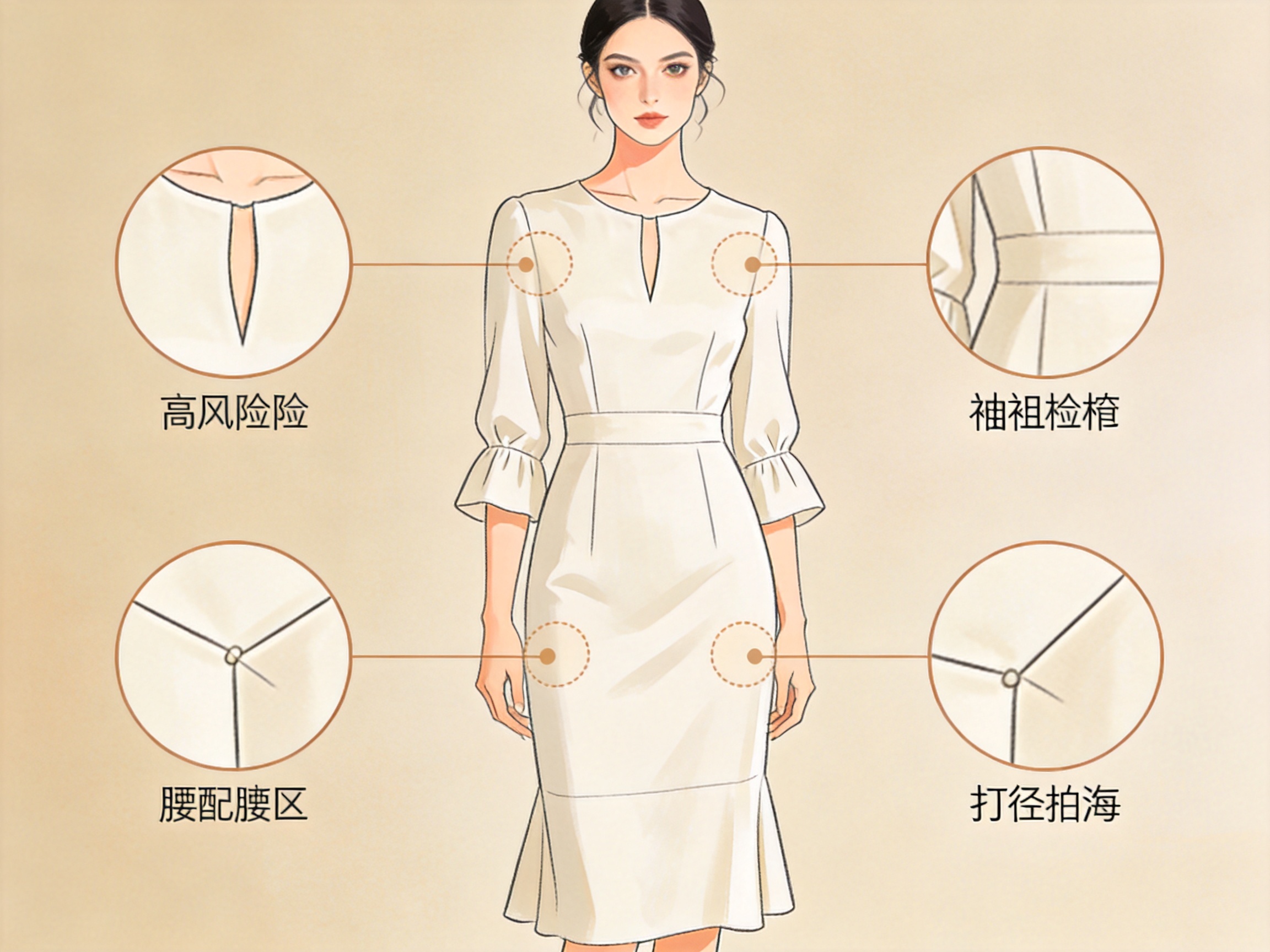 A fashion illustration showing four high-risk inspection zones on a woman's dress: neckline, sleeve cuffs, waist and darts, and hem