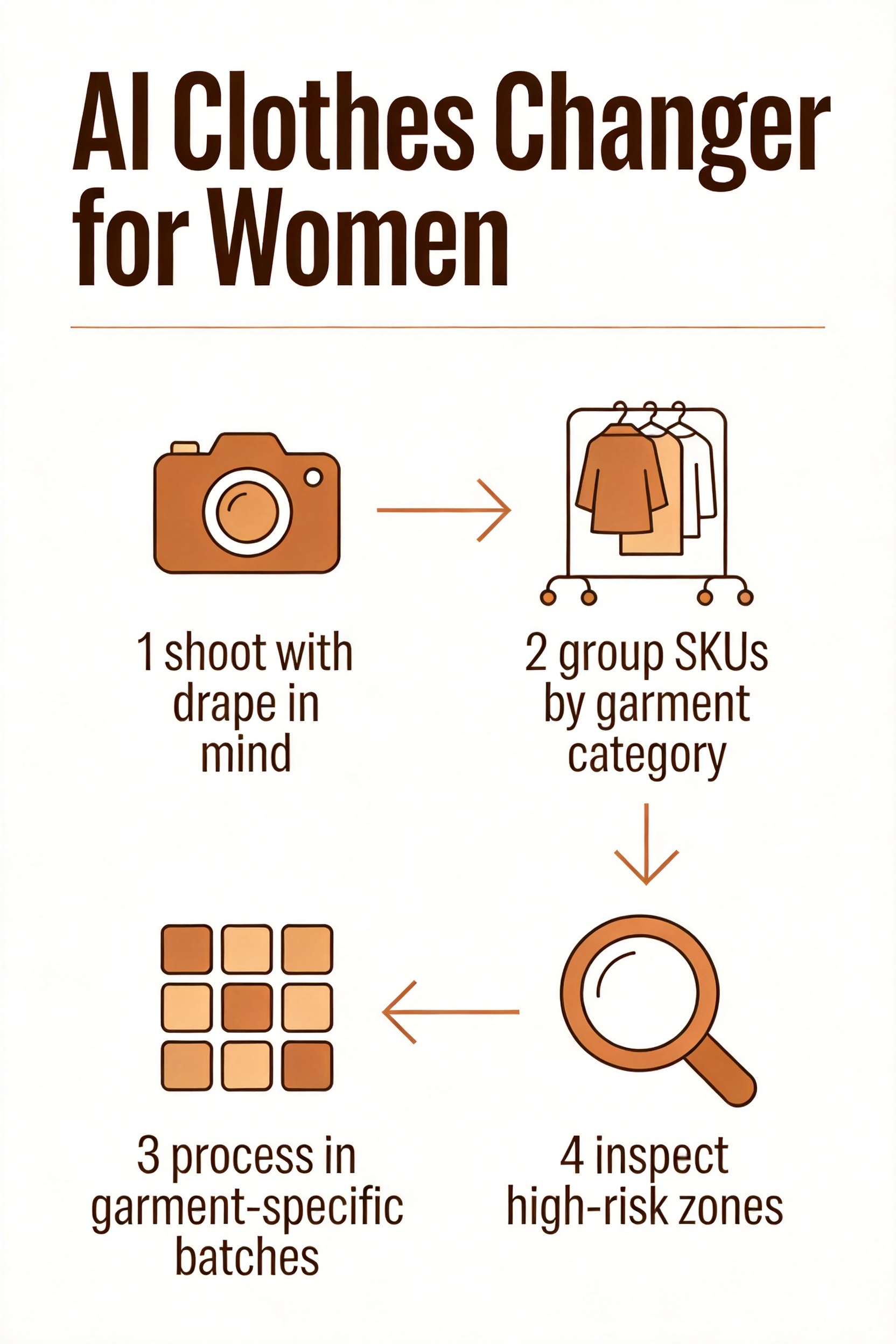 A four-step workflow diagram for an AI clothes changer for women: shoot with drape in mind, group SKUs by category, batch process, inspect high-risk zones