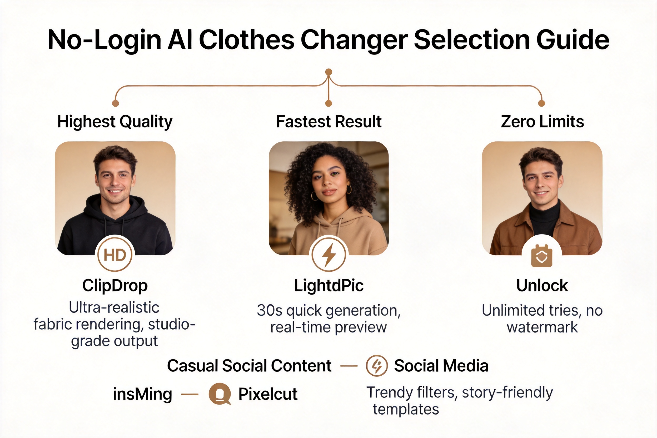Decision tree diagram showing which no-login AI clothes changer to pick based on use case: highest quality (ClipDrop), fastest result (MindPic), casual social content (insMind), and zero limits (Pixelcut)