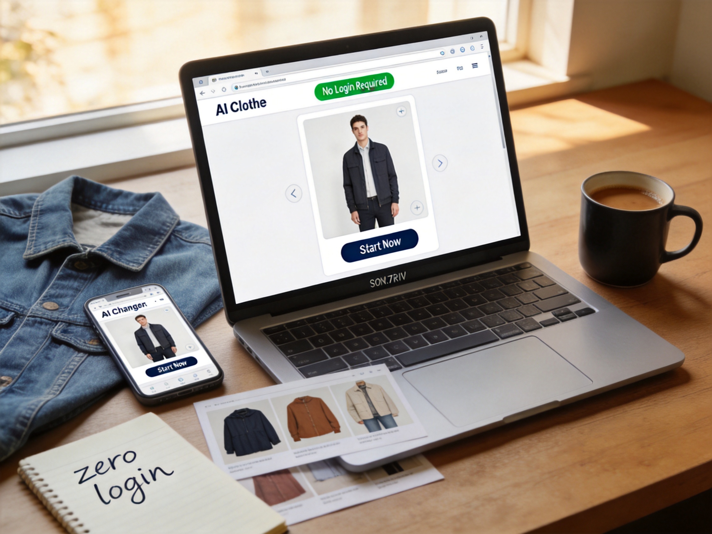 AI clothes changer no login interface running in a browser tab with a Start Now button visible, garment flat lay and smartphone on the desk