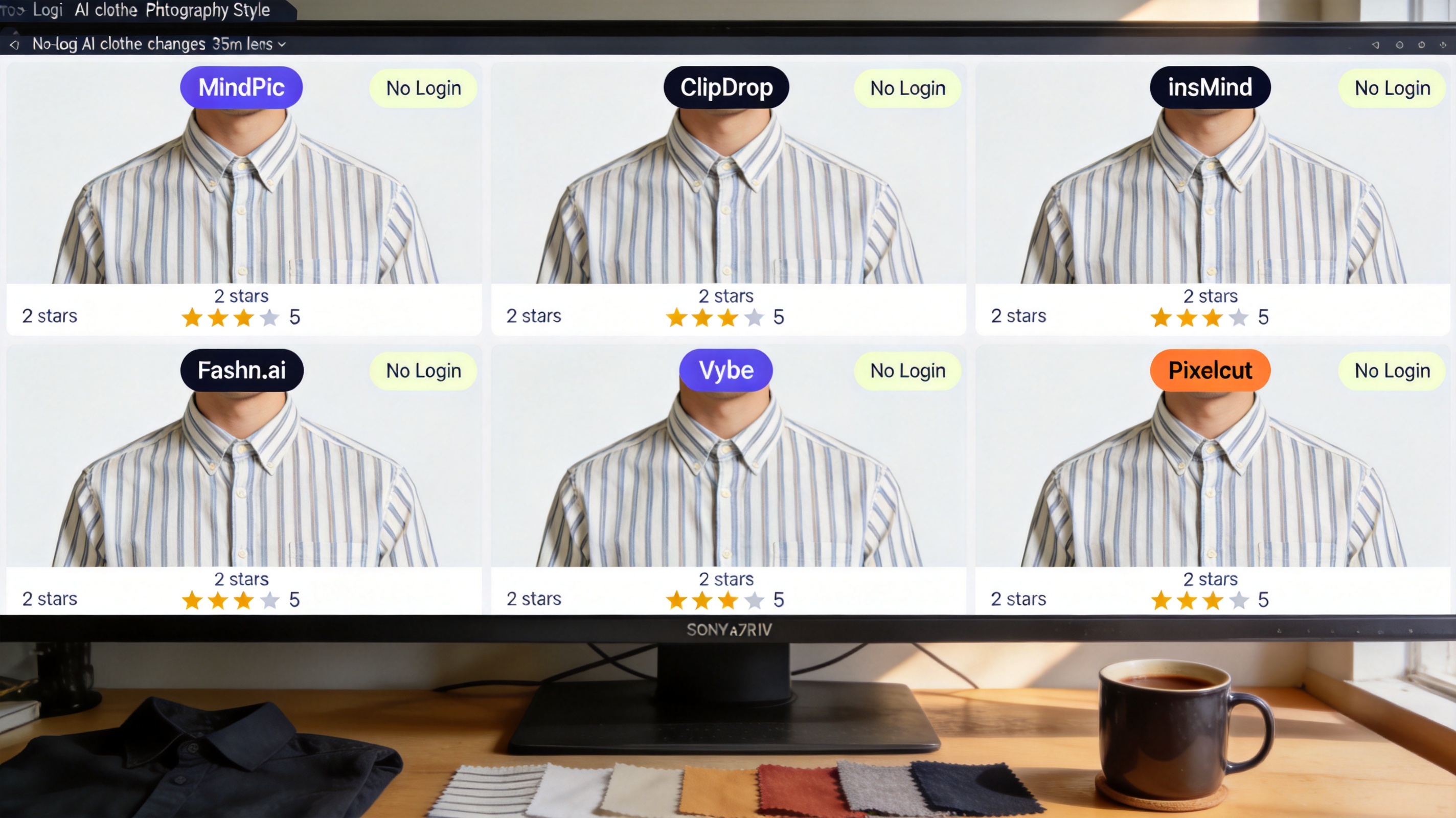 Six-panel comparison grid showing the same striped button-down shirt rendered by six no-login AI clothes changer tools: MindPic, ClipDrop, insMind, Fashn.ai, Vybe, and Pixelcut, with quality ratings from 2 to 5 stars