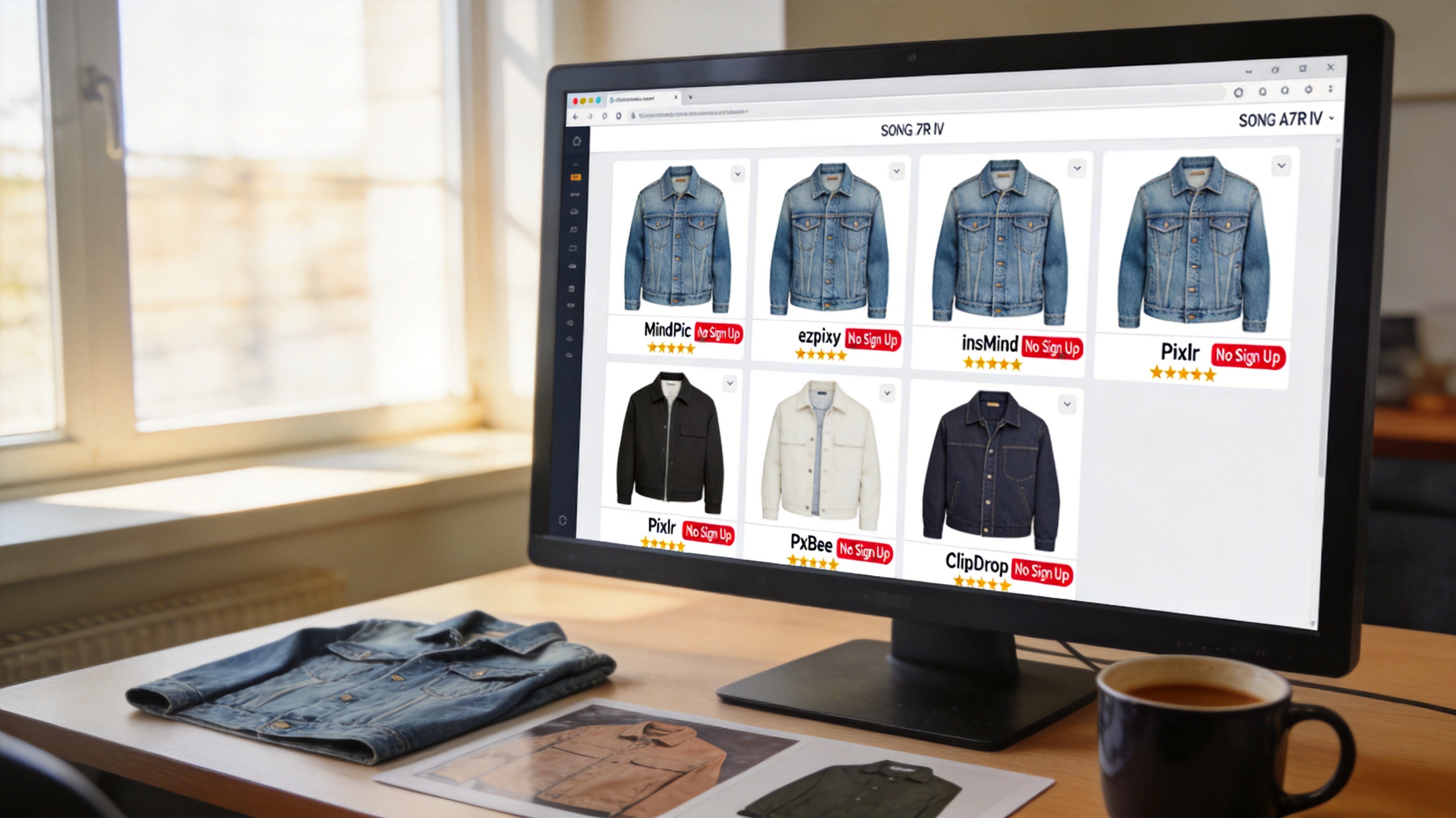 Six-panel comparison grid showing the same denim jacket rendered by six different no-sign-up AI clothes changer tools: MindPic, ezpixy, insMind, Pixlr, PxBee, and ClipDrop — each with a 'No Sign Up' badge and star quality rating