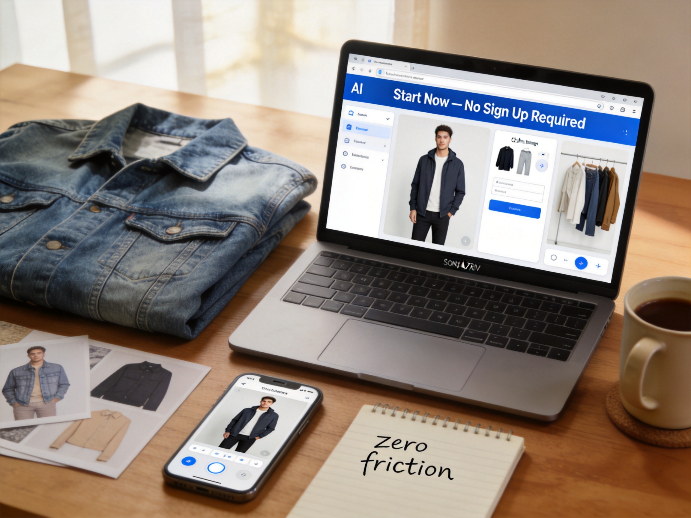 Editorial workspace with a laptop displaying an AI clothes changer tool showing a 'No Sign Up Required' banner, a denim jacket flat lay, and handwritten notes comparing zero-registration tools