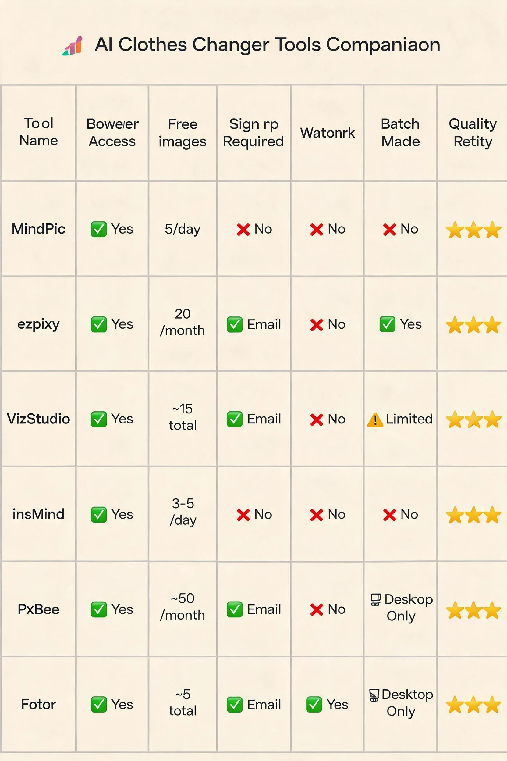 Detailed specifications comparison table infographic for 6 browser-based AI clothes changer tools: MindPic, ezpixy, VizStudio, insMind, PxBee, and Fotor — showing browser accessibility, free image limits, sign-up requirements, watermark status, processing speed, and quality ratings