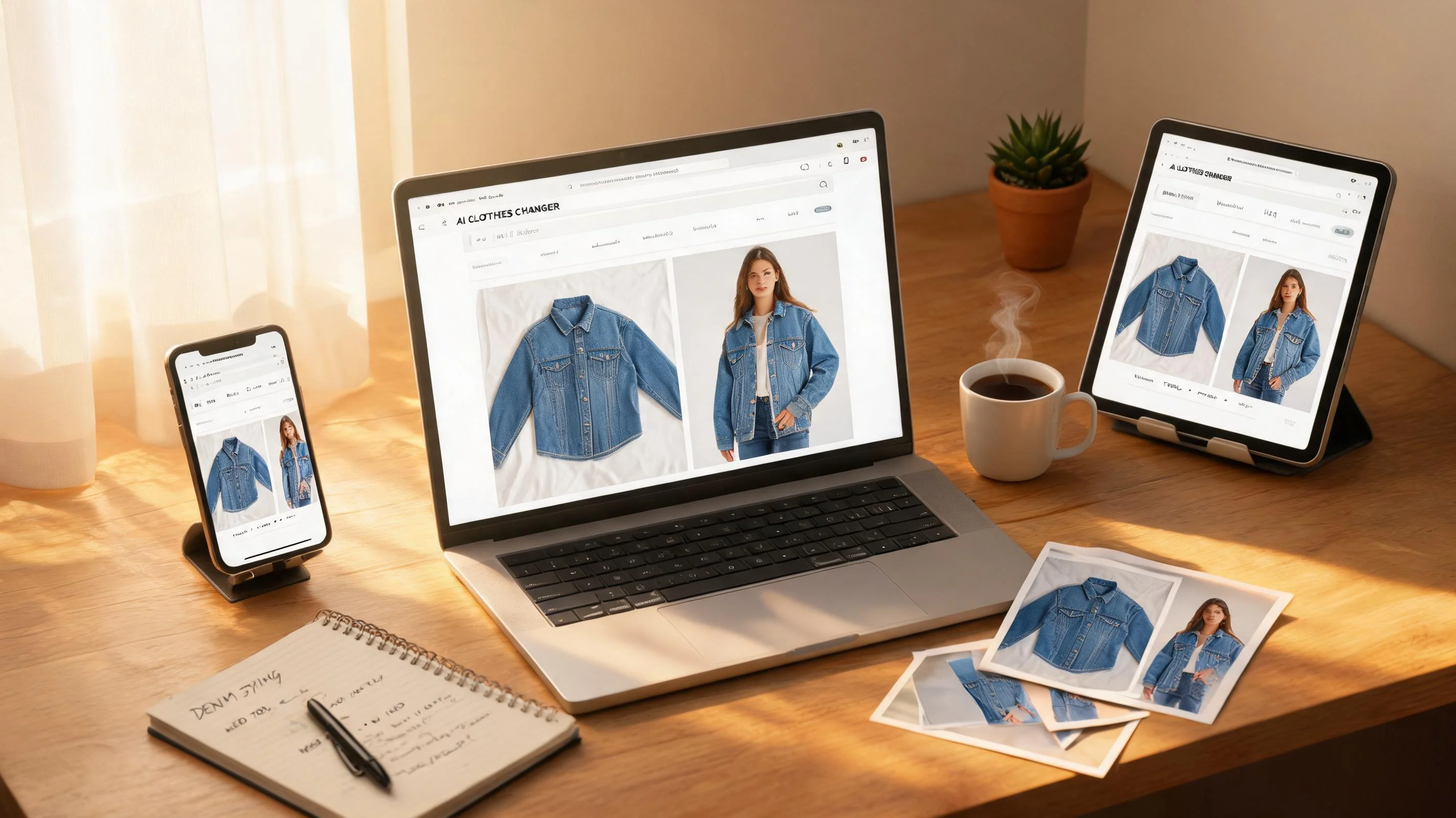 Laptop browser tab showing an AI clothes changer online free tool transforming a flat lay shirt into an on-model image, with a smartphone and tablet nearby demonstrating cross-device access