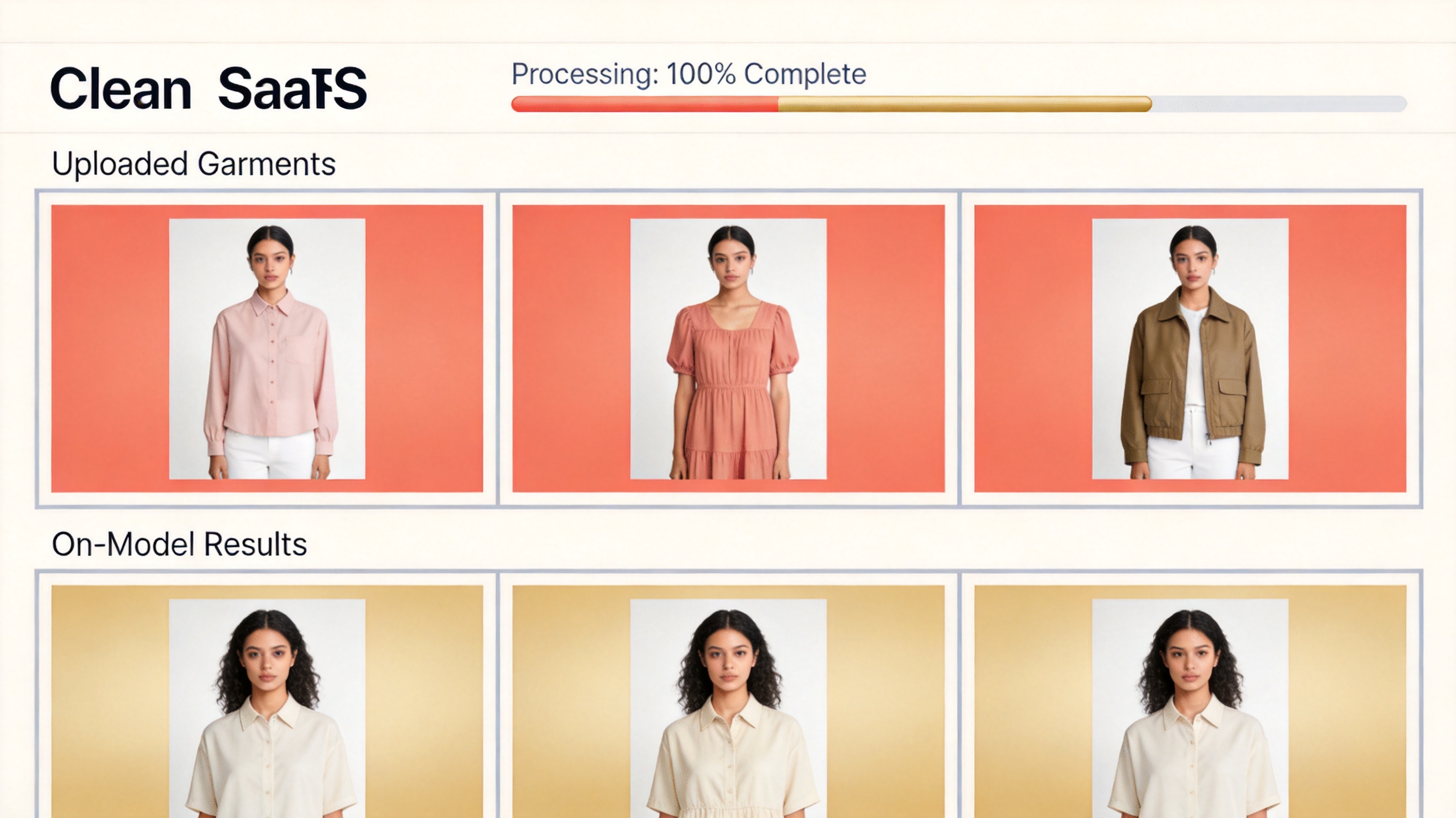 A batch processing interface showing multiple garment uploads processed into consistent on-model results in one session