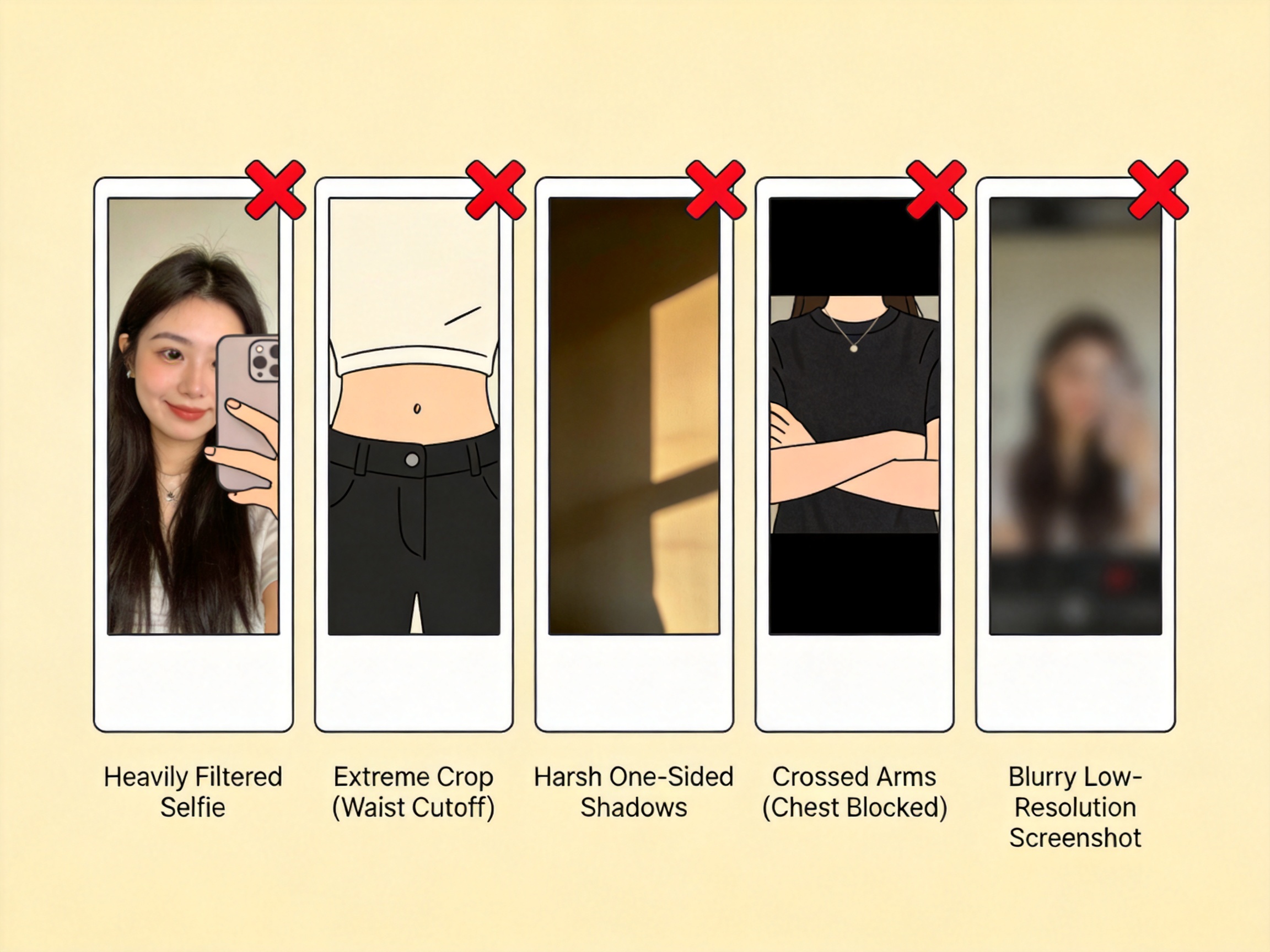 An illustration showing common photo mistakes that break AI clothes changer results: heavy filters, extreme crops, harsh shadows, crossed arms, and low resolution screenshots