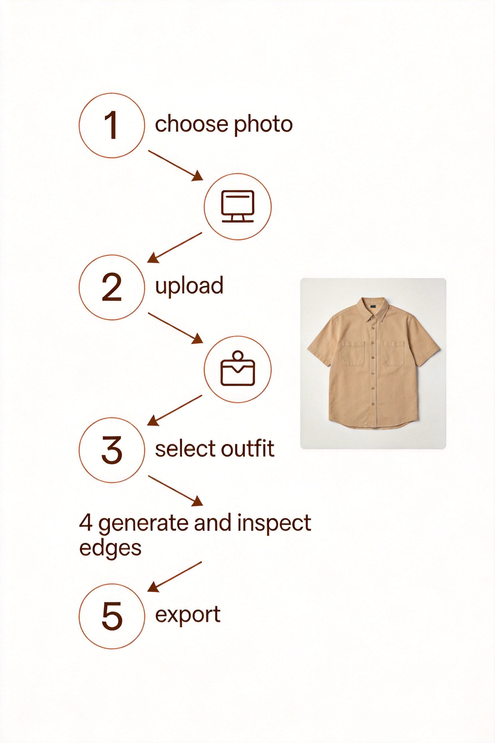 A workflow diagram showing the five steps of using an AI clothes changer: choose photo, upload, select outfit, generate and inspect edges, export