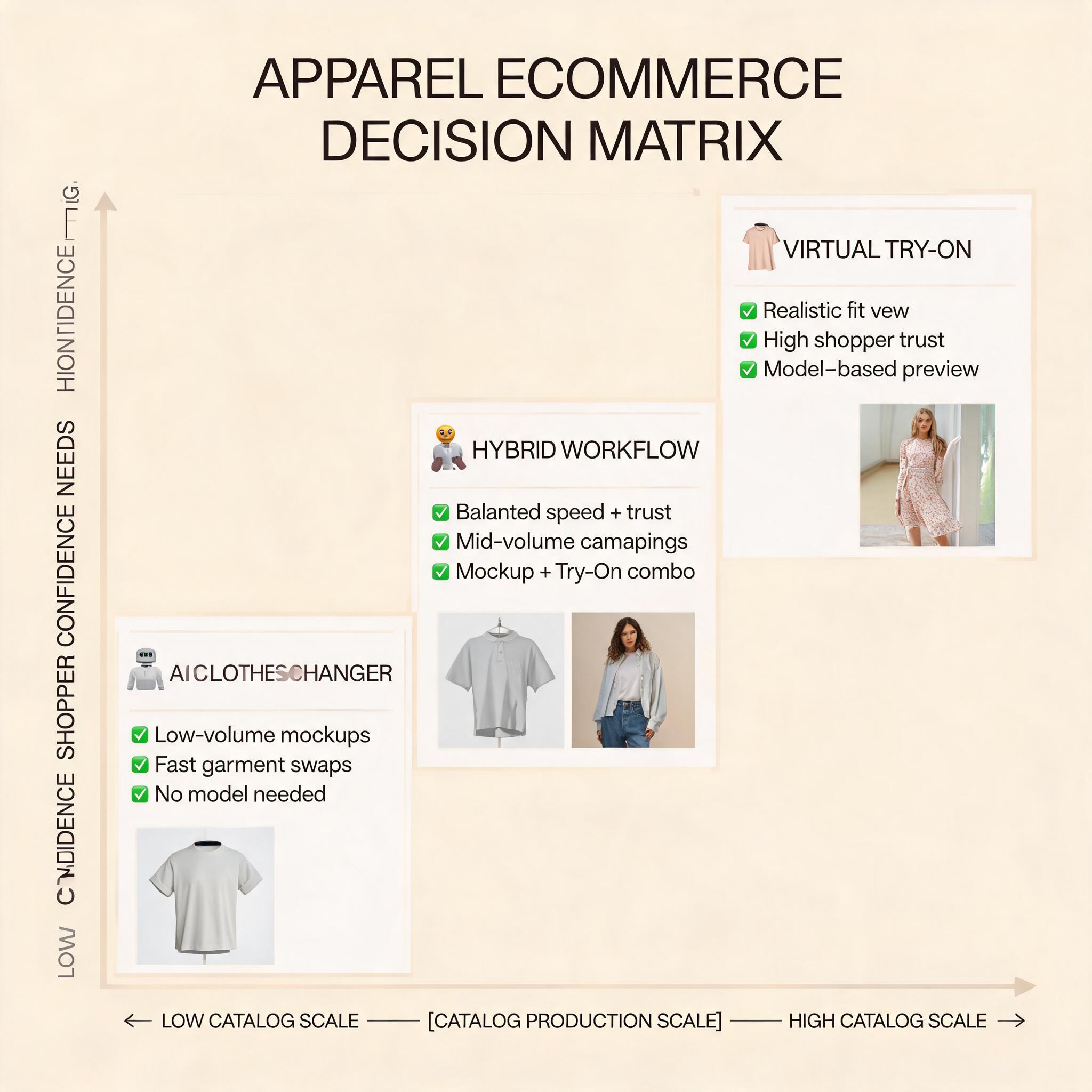 Decision matrix showing when an ecommerce team should choose AI clothes changer, virtual try-on, or a hybrid workflow based on catalog scale, shopper confidence needs, and production speed
