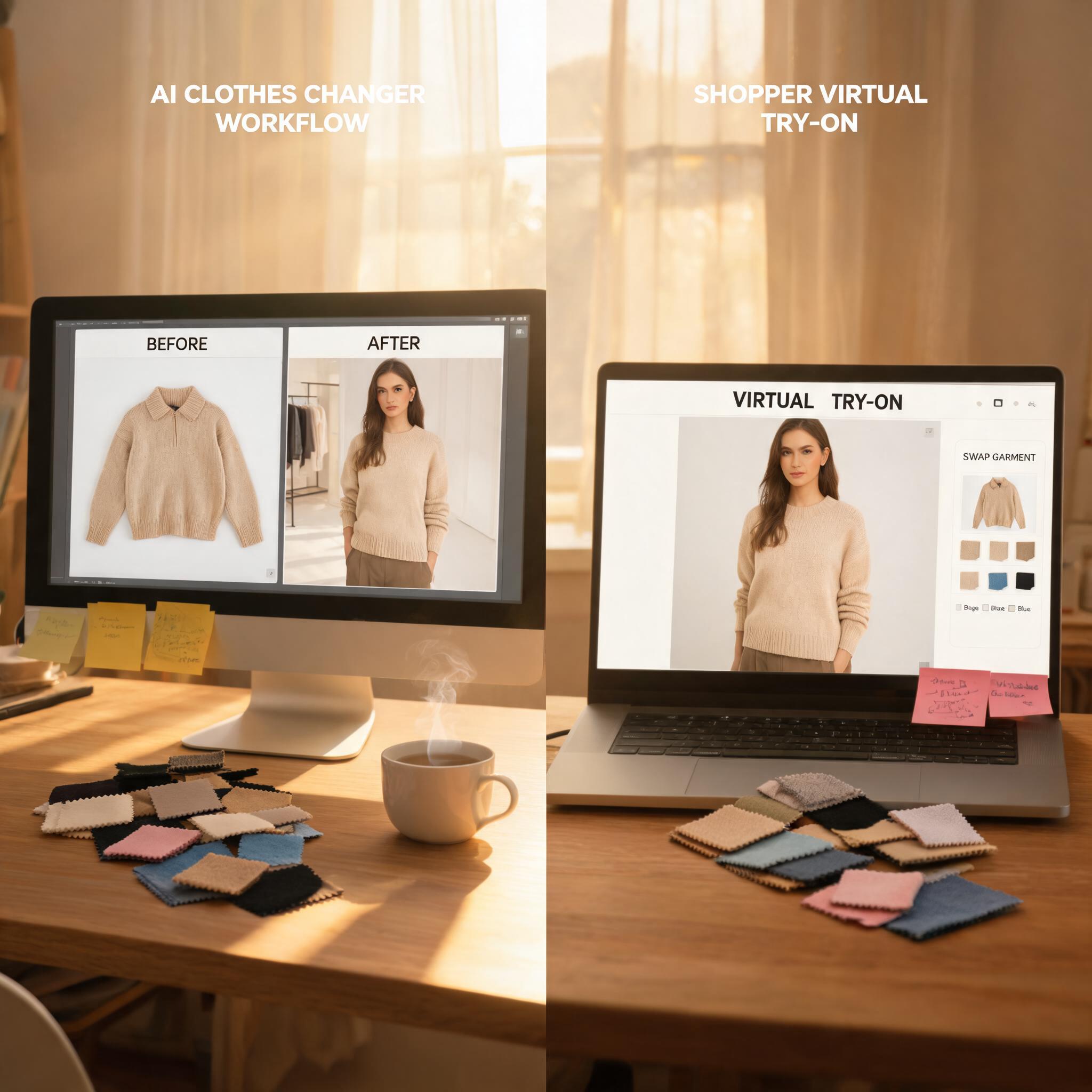 Split-screen ecommerce workspace showing an AI clothes changer result on the left and a shopper-facing virtual try-on preview on the right, with garment photos and notes on the desk