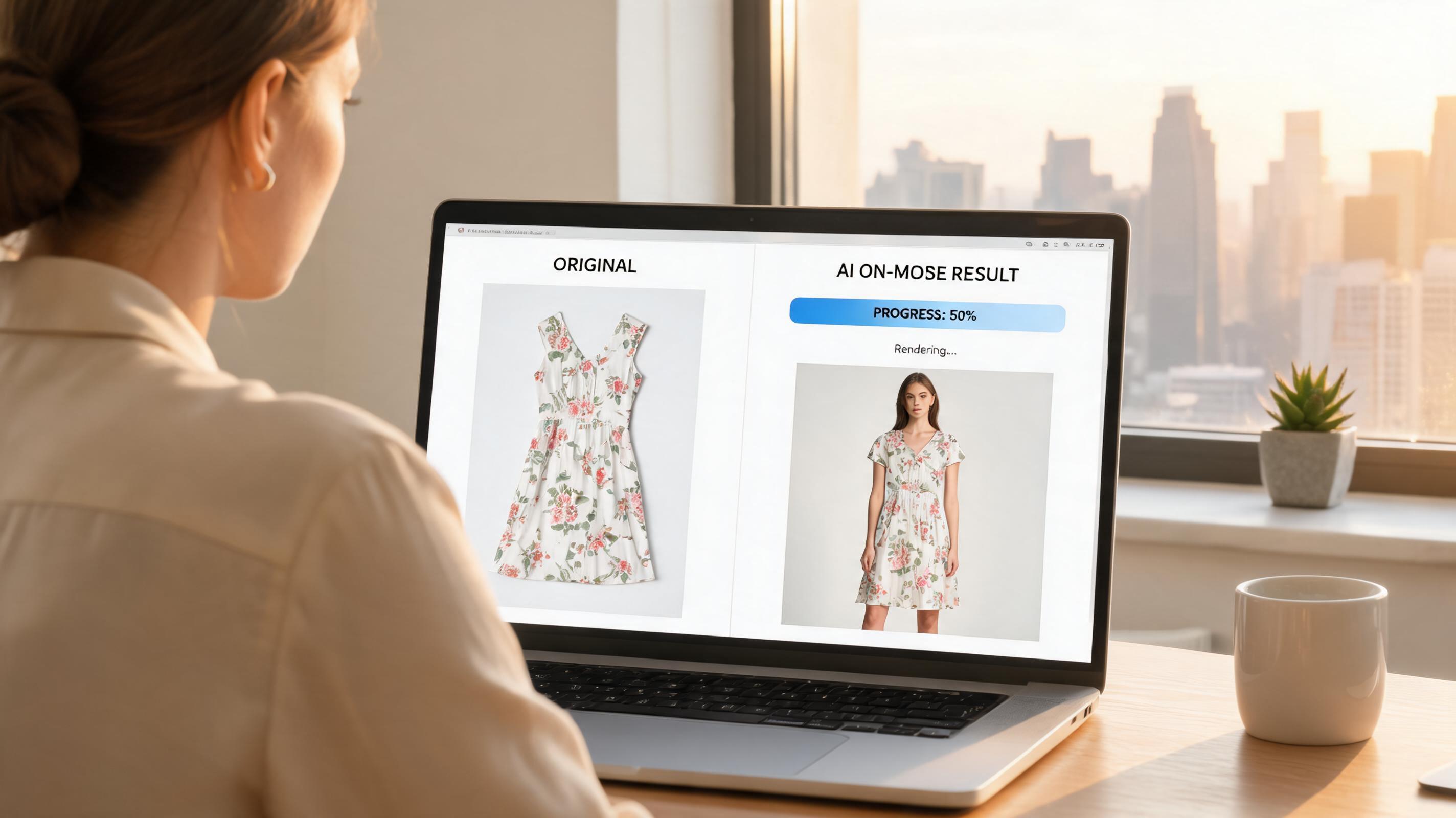 Diptych comparison showing AI clothes changer catalog output versus virtual try-on AR preview on smartphone