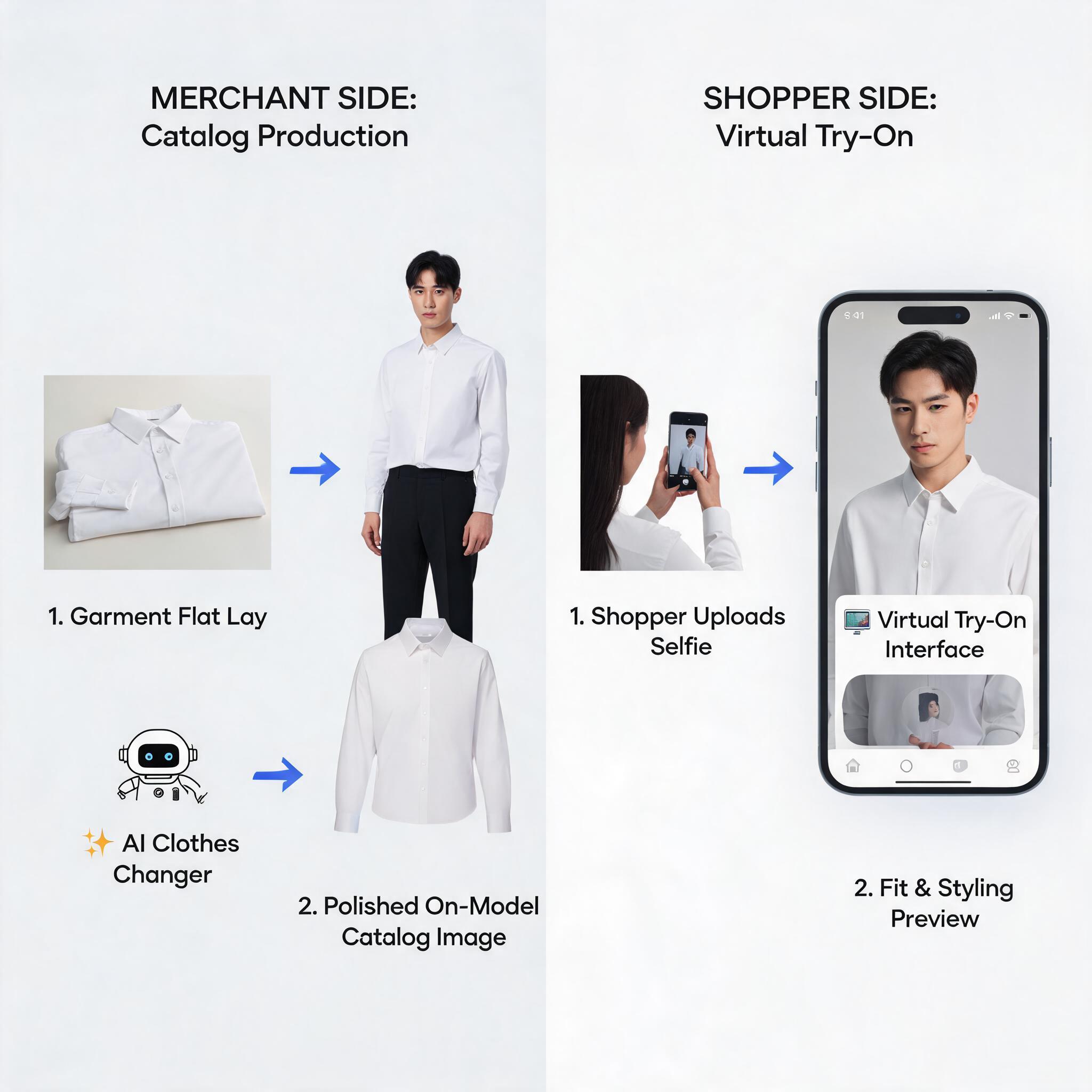 Side-by-side workflow diagram comparing AI clothes changer for merchant-side catalog production and virtual try-on for shopper-side fit and styling previews