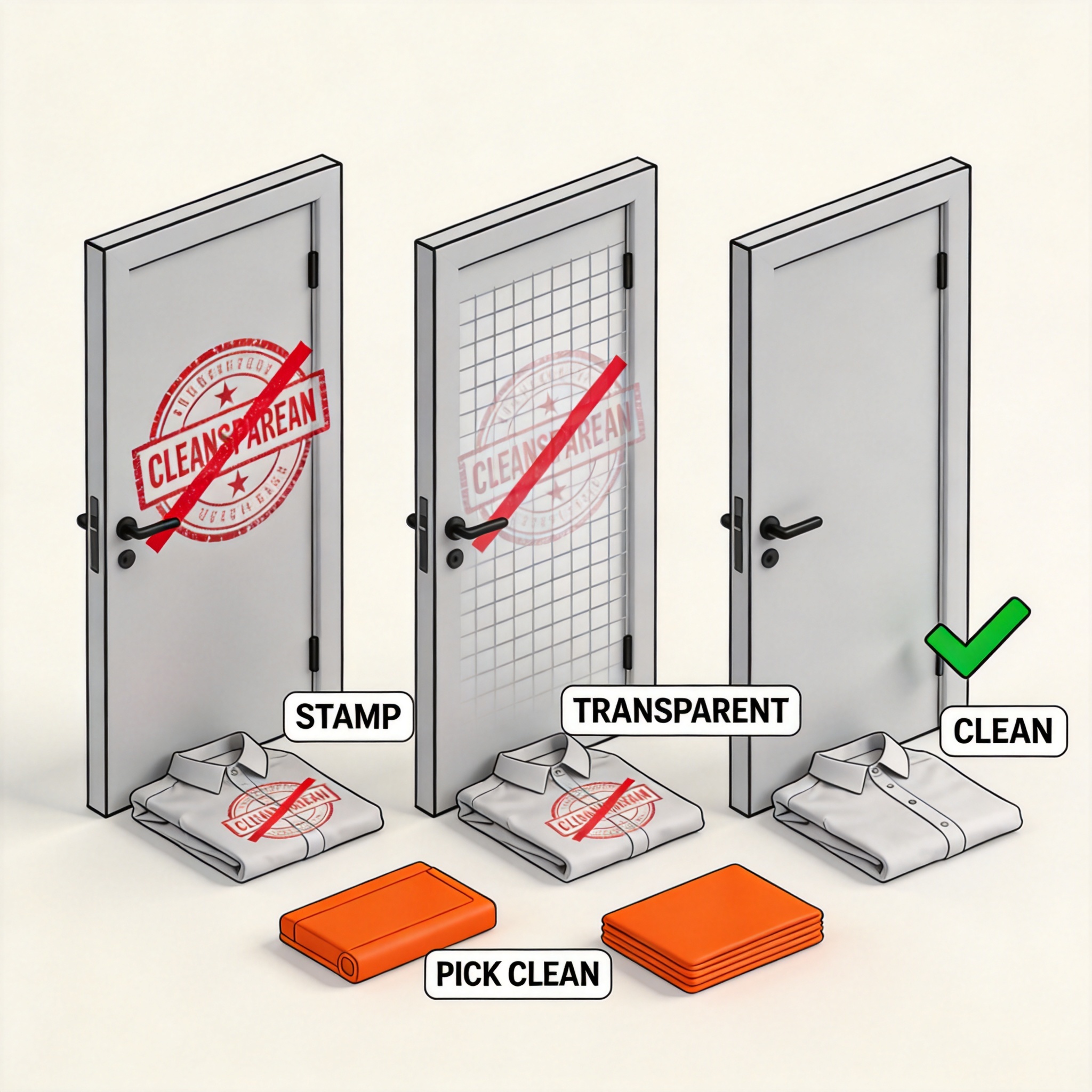 Side-by-side infographic comparing three watermark outcomes: full opaque stamp rejected, semi-transparent grid rejected, clean output selected, with a PICK CLEAN callout