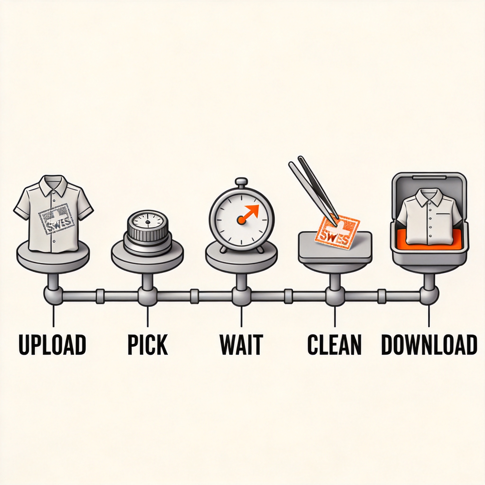 Five-step no-watermark workflow showing garment photo upload to clean download: 1 open browser, 2 upload photo, 3 select style, 4 wait 15-45s, 5 download clean result, with UPLOAD, PICK, WAIT, CLEAN, and DOWNLOAD callouts