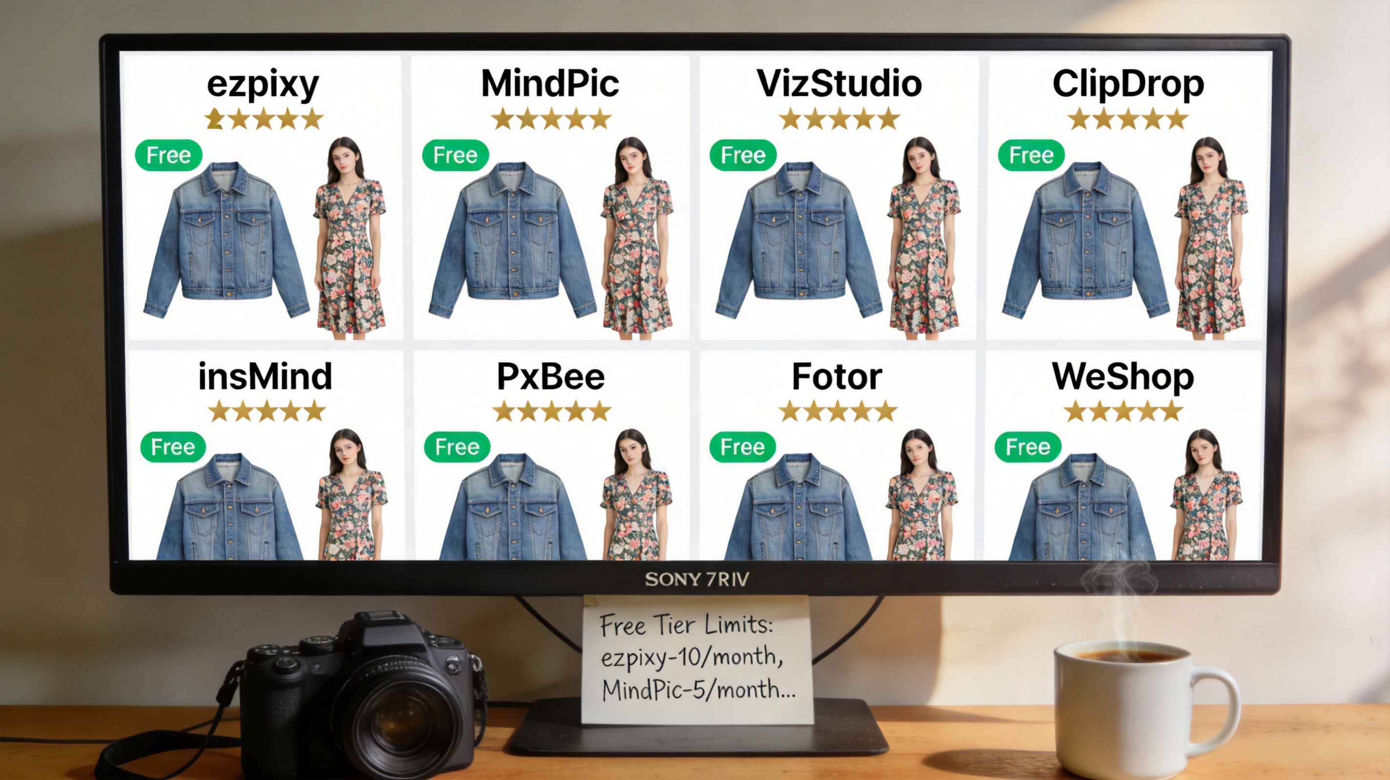 Eight-panel comparison grid showing the same denim jacket flat lay and floral midi dress rendered by eight different free AI fashion model generator tools, each labeled with a 'Free' badge and a star quality rating from 2 to 5 stars