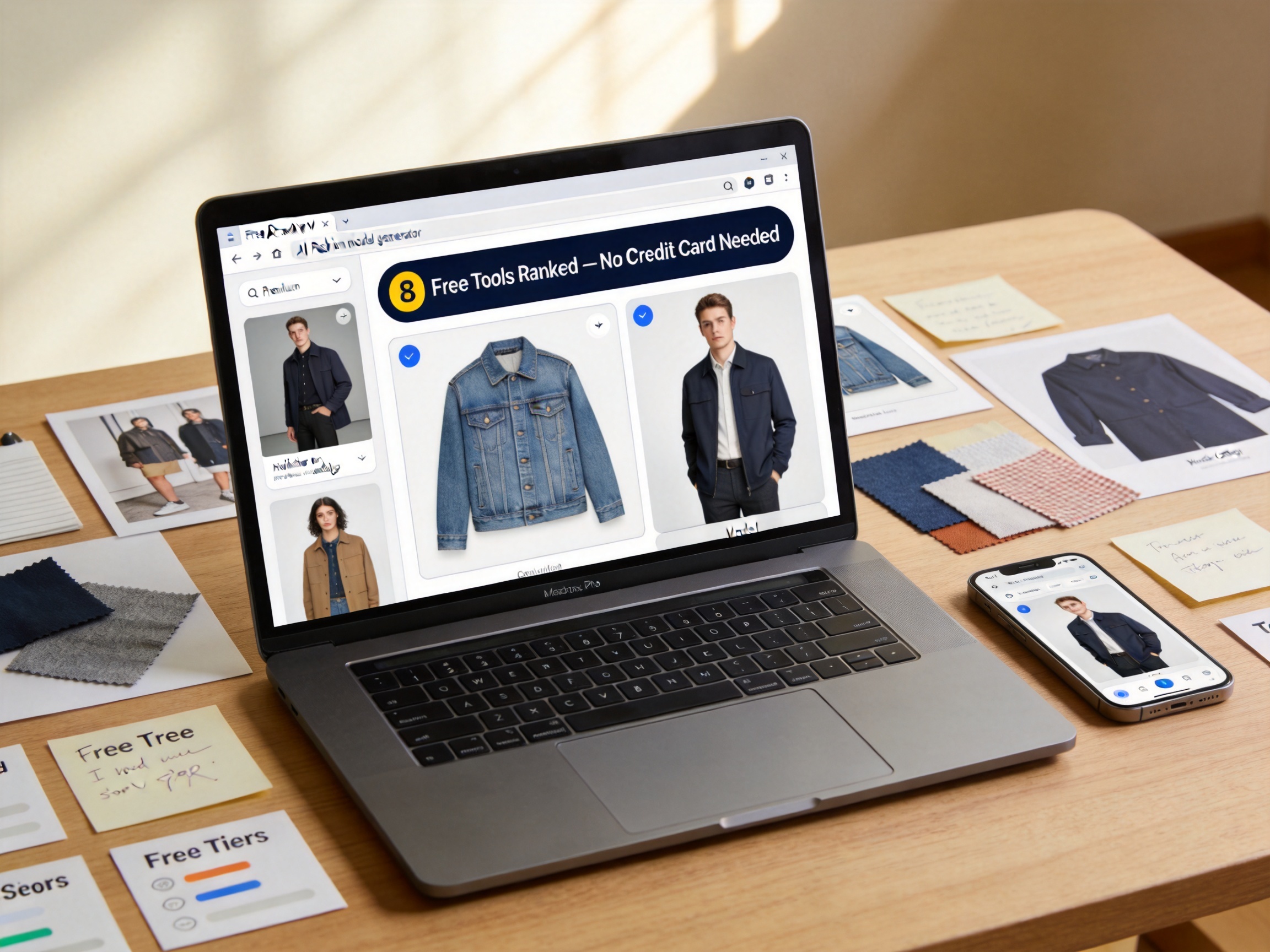 Editorial workspace with a laptop displaying a free AI fashion model generator transforming a flat lay denim jacket into an on-model catalog image, with an '8 Free Tools Ranked — No Credit Card Needed' badge visible on the screen