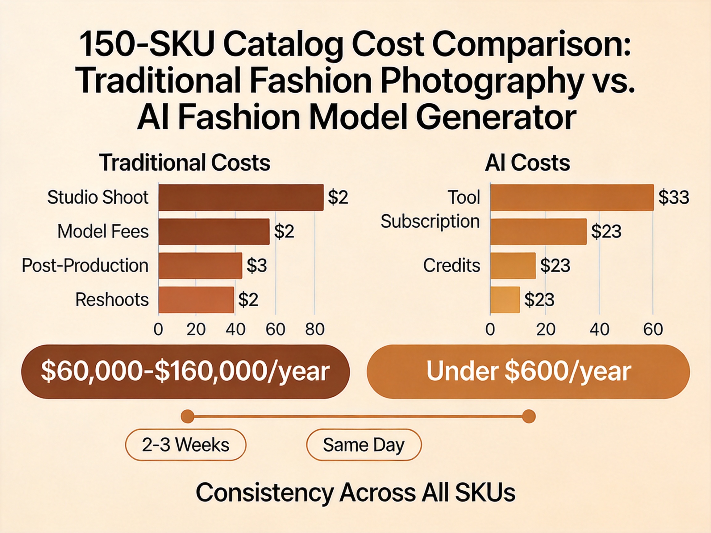 Cost comparison bar chart infographic showing traditional photography costs versus AI fashion model generator costs for a 150-SKU catalog — traditional at $60,000-$160,000 per year vs AI at under $600 in credits, with additional callouts for speed (2-3 weeks vs same day) and consistency benefits
