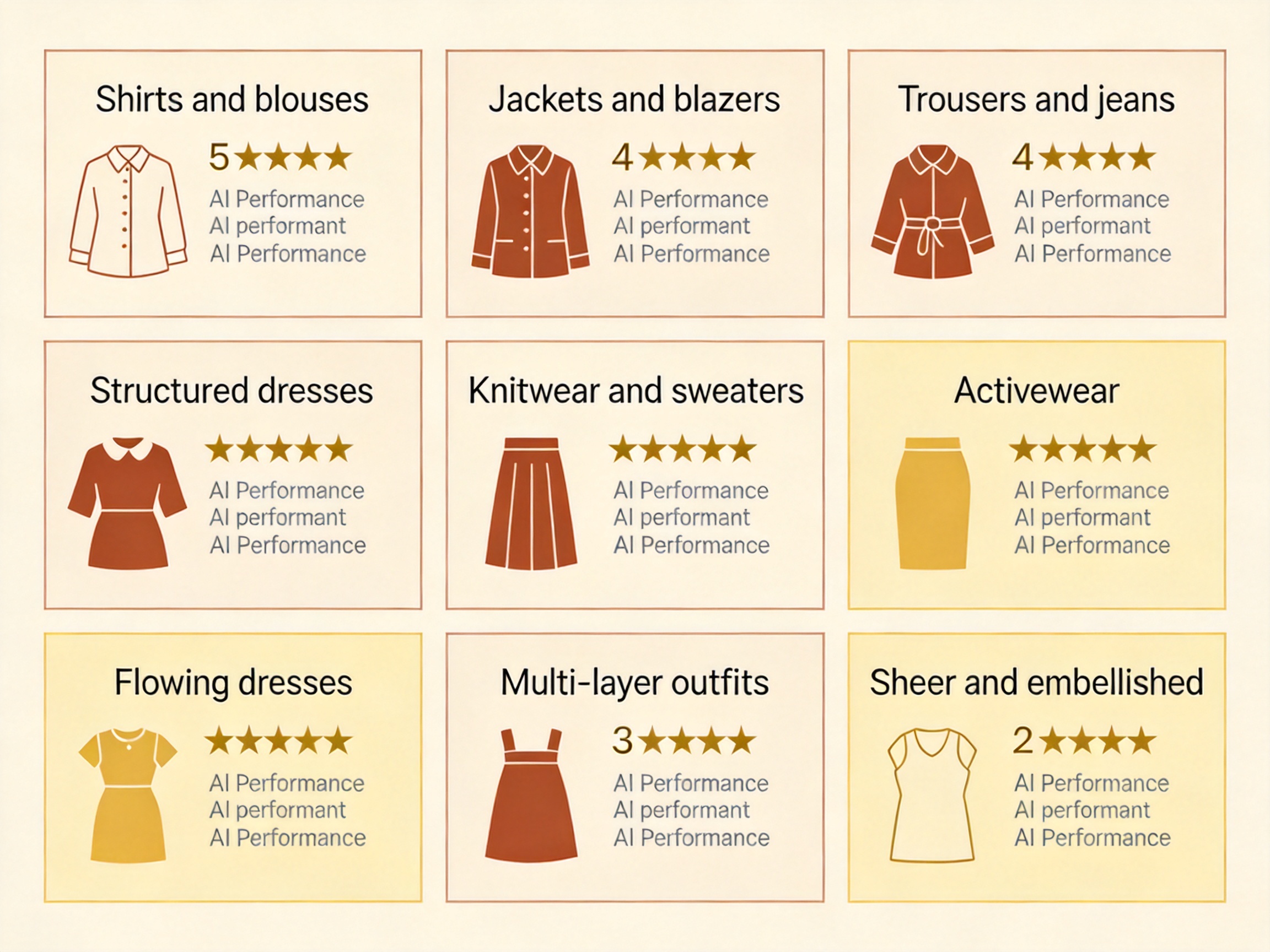 Garment type quality comparison chart showing 9 clothing categories rated by AI fashion model generator performance — structured garments like shirts and jackets scoring highest, sheer and embellished fabrics scoring lowest