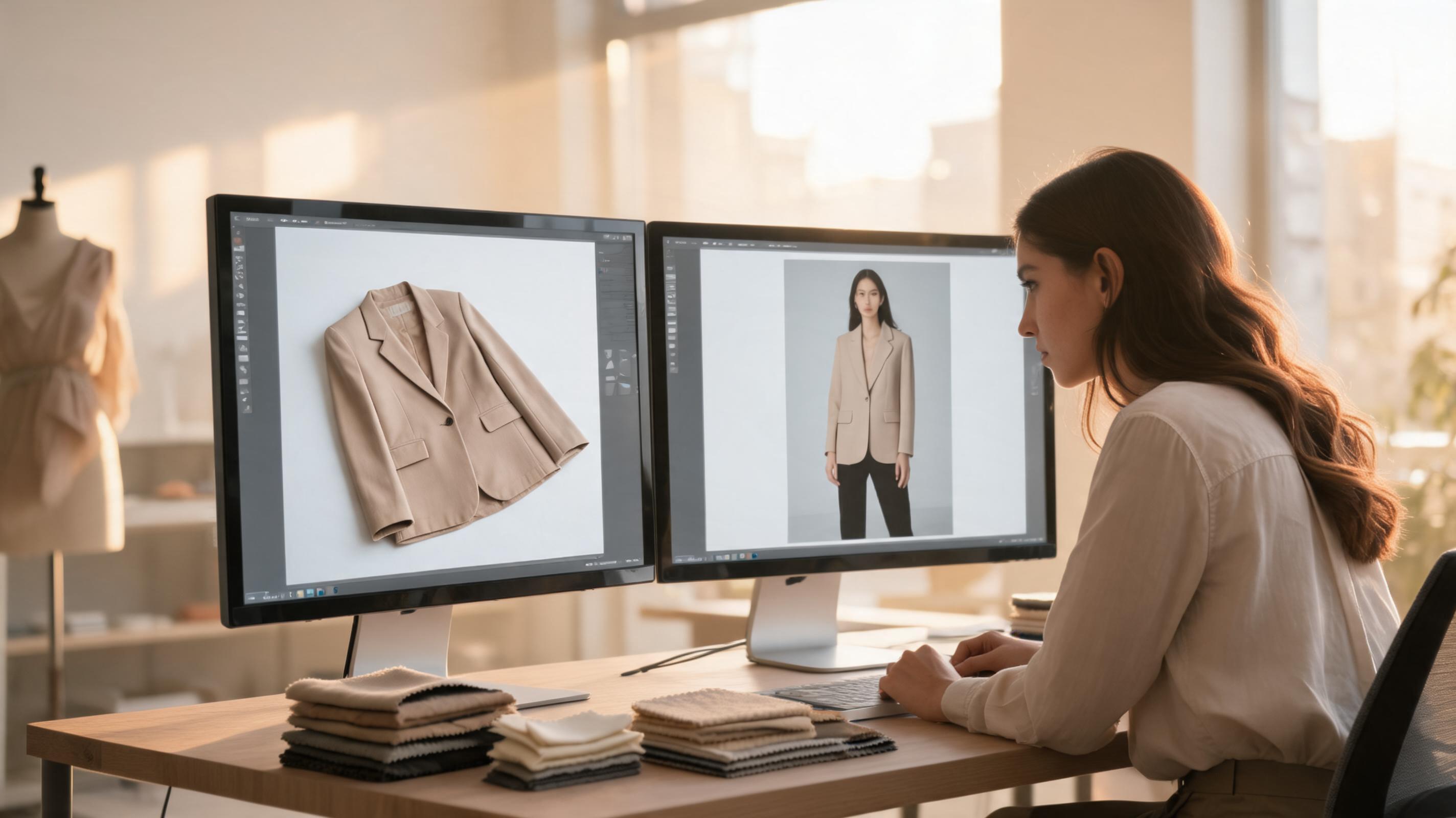 Split composition showing flat lay denim jacket transforming into AI-generated on-model fashion image in professional studio
