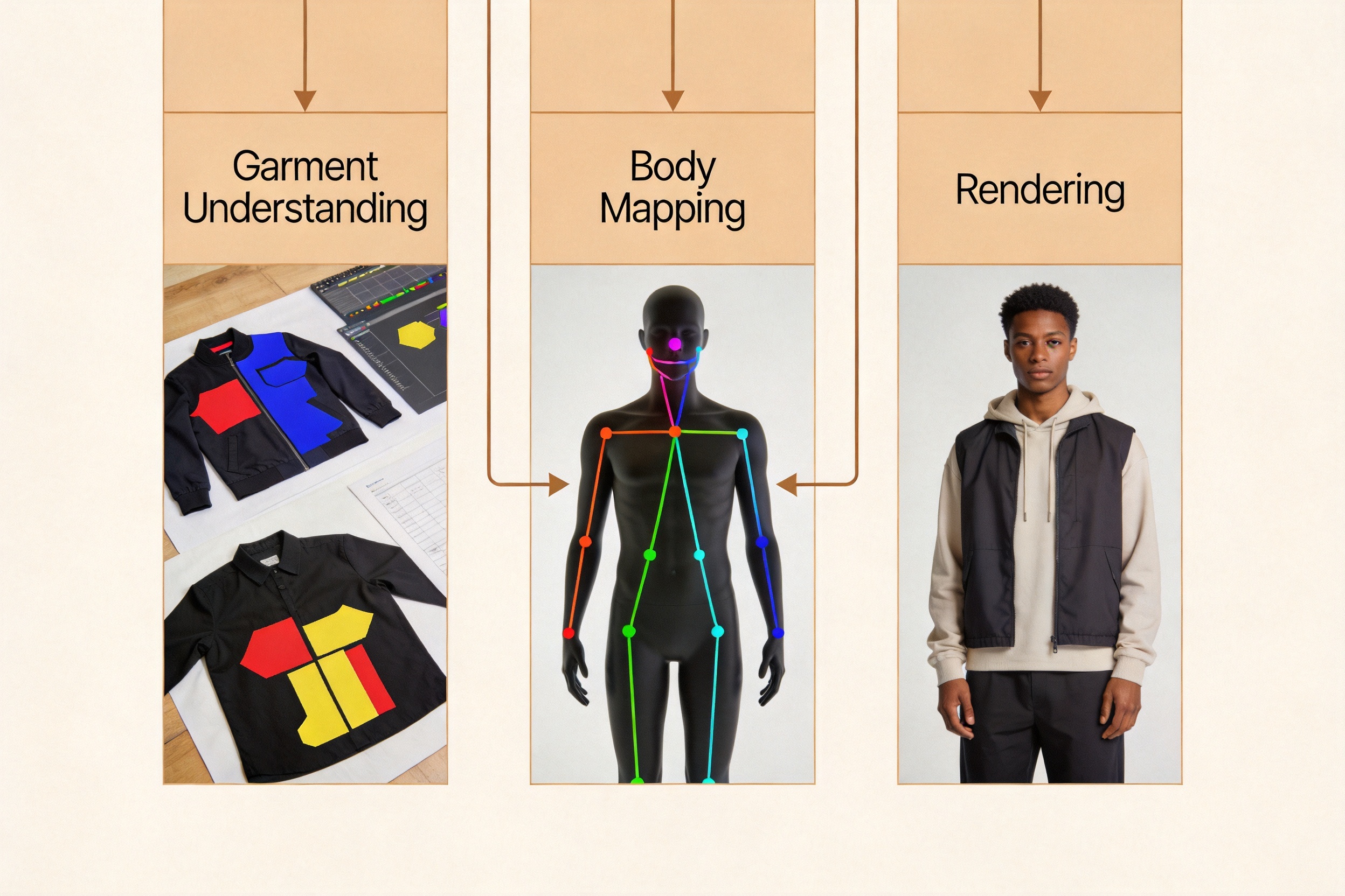 Three-layer technical diagram showing how an AI fashion model generator works: Stage 1 garment understanding and segmentation, Stage 2 body mapping and pose estimation, Stage 3 rendering and compositing into the final photorealistic on-model image
