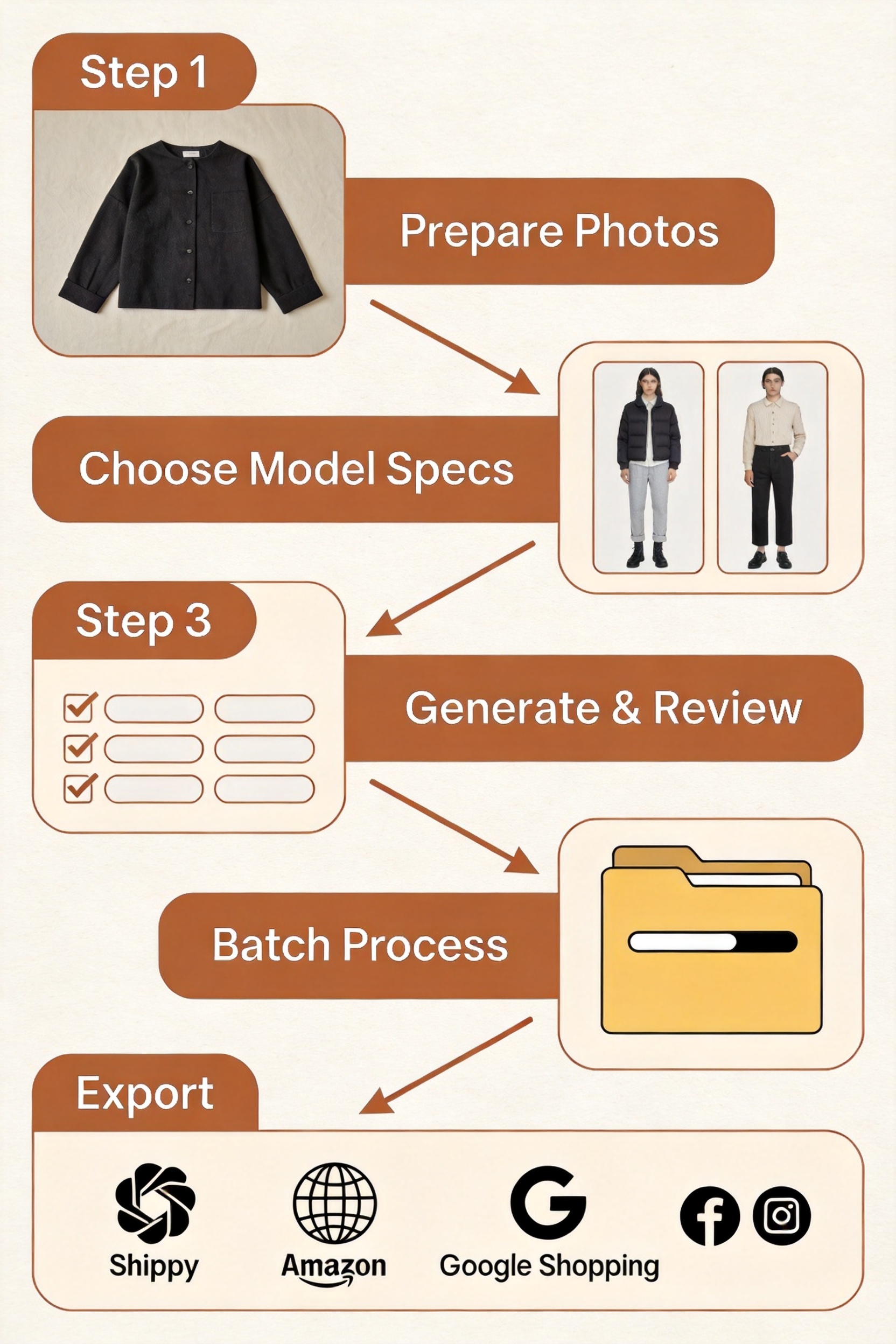 Step-by-step workflow diagram showing the 5 stages of AI fashion model generation: prepare photos, choose model specs, generate and review, batch process, and export for each sales channel — with platform icons for Shopify, Amazon, Google Shopping, and social media