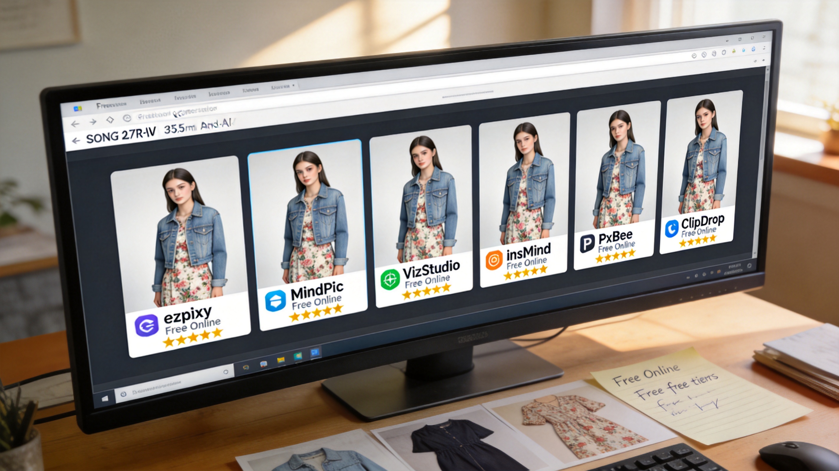 Six-panel comparison grid showing the same denim jacket rendered by six different free online AI fashion model generator tools: ezpixy, MindPic, VizStudio, insMind, PxBee, and ClipDrop — each with a 'Free Online' badge and star quality rating