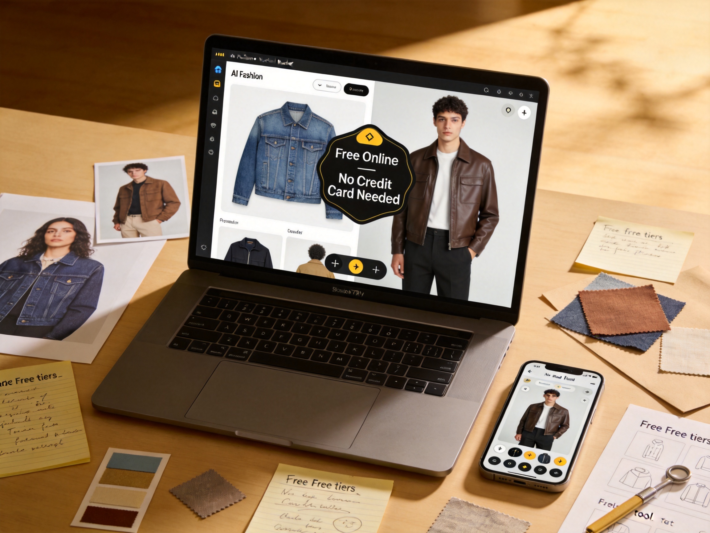 Editorial workspace with a laptop displaying a free online AI fashion model generator transforming a flat lay denim jacket into an on-model catalog image, with a 'Free Online — No Credit Card Needed' badge visible on the screen