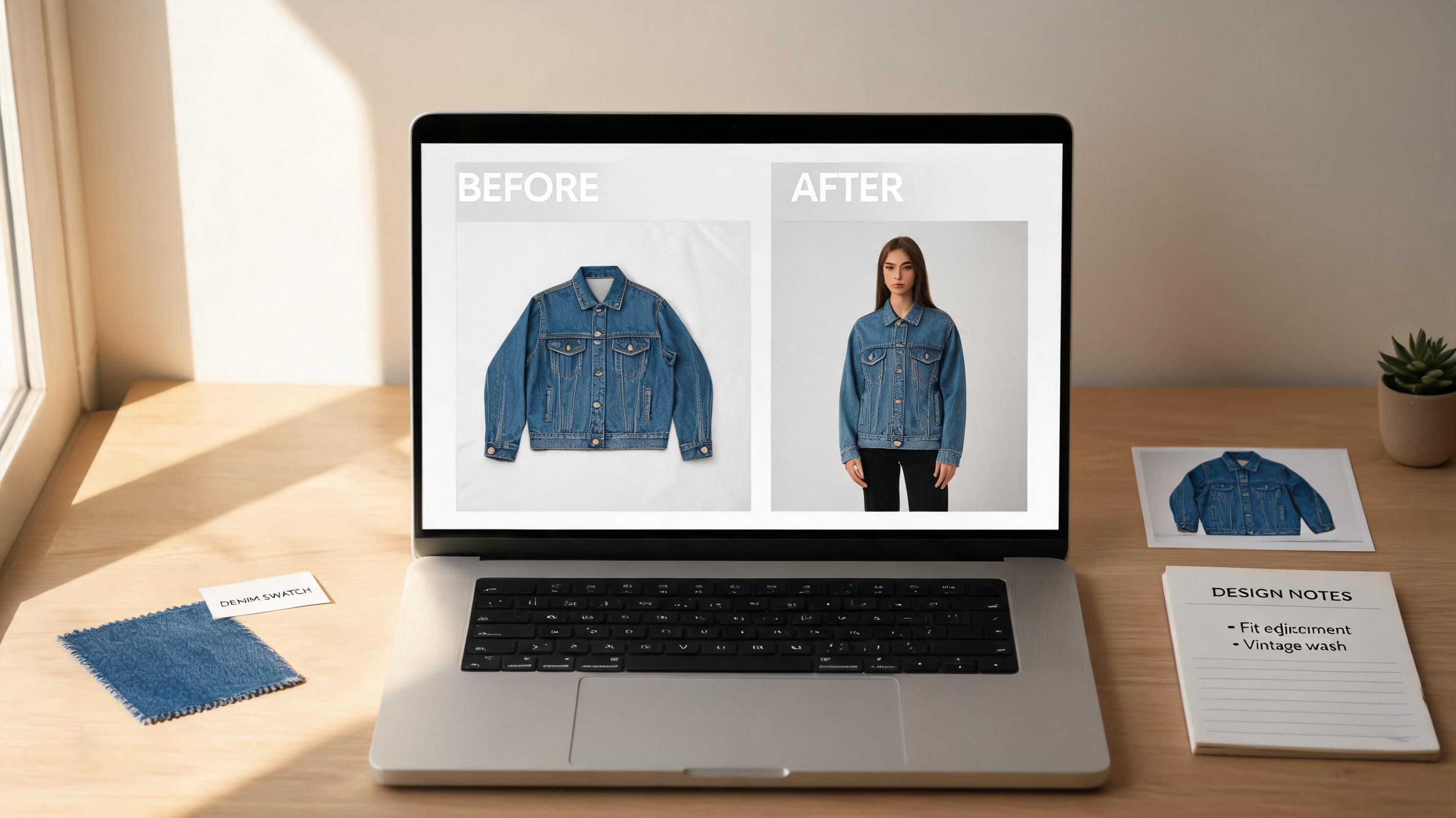 AI fashion model generator transforming a flat lay garment into a polished on-model catalog image on a laptop screen, with product photos on the desk