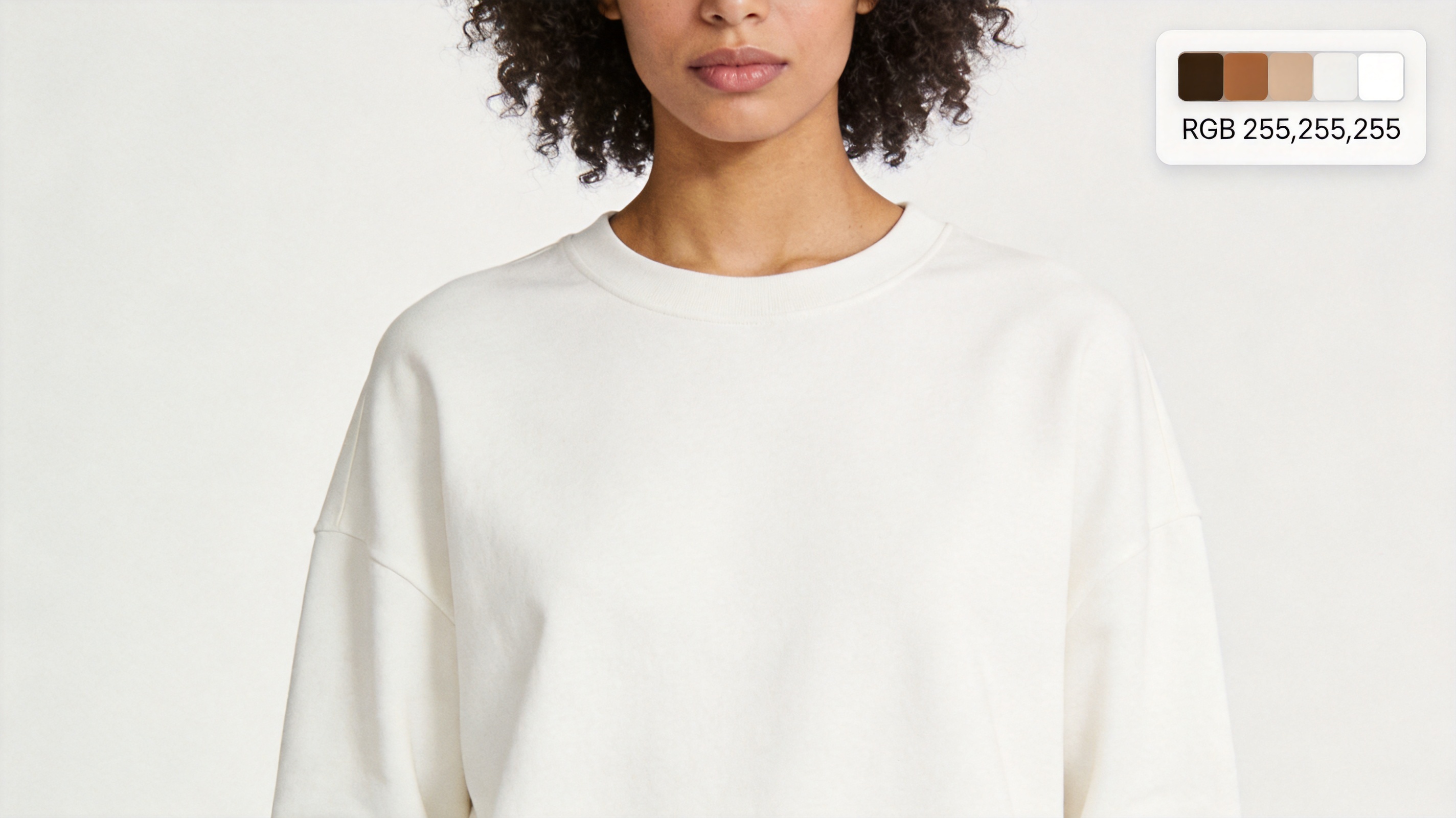 An Amazon product page mockup showing a white-background AI fashion model image with garment filling 85% of frame and a color picker cursor confirming RGB 255,255,255
