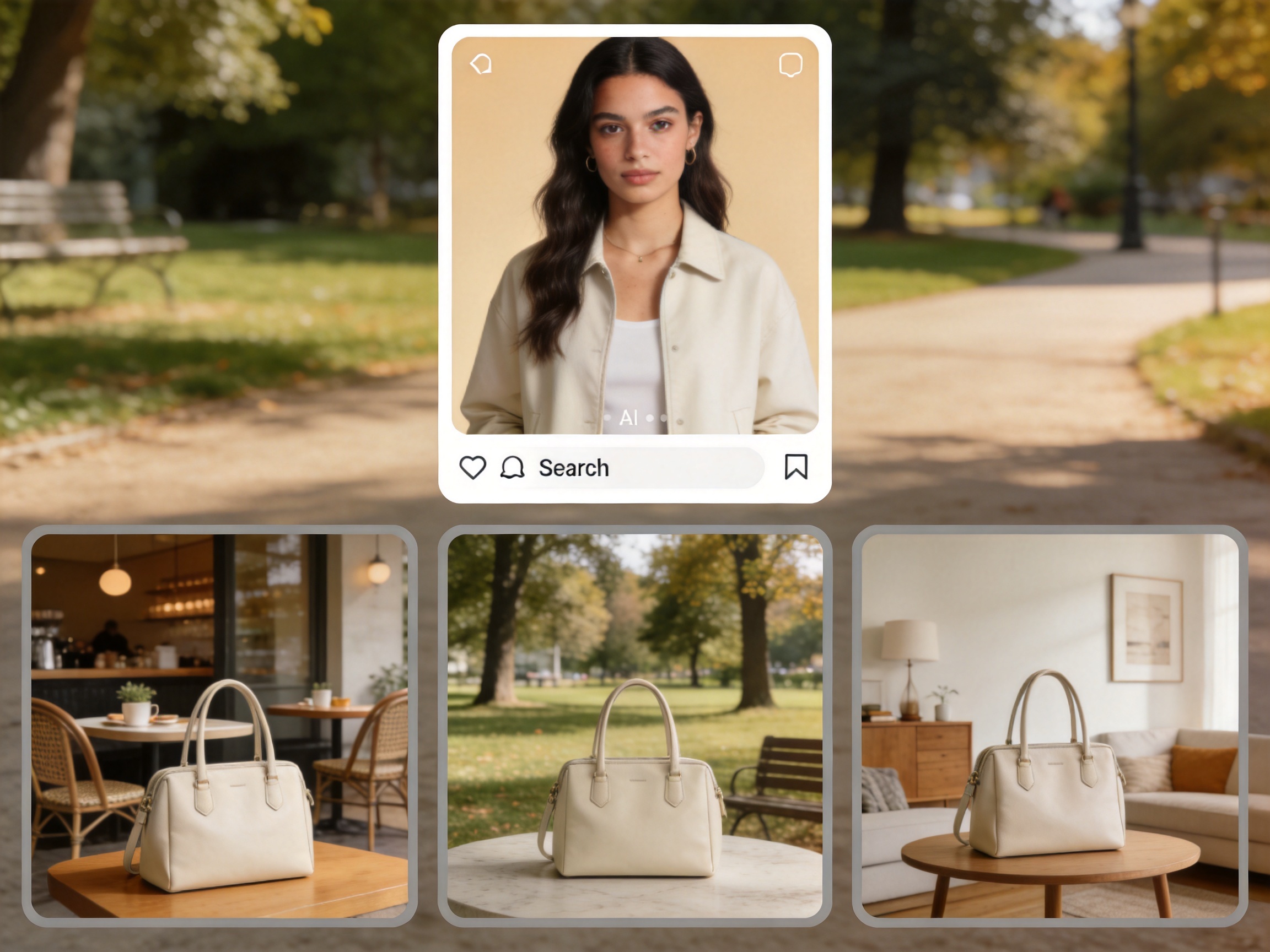 An Etsy product listing mockup showing a front-facing AI fashion model image with warm natural lighting for the primary search thumbnail, and styled lifestyle shots in secondary slots