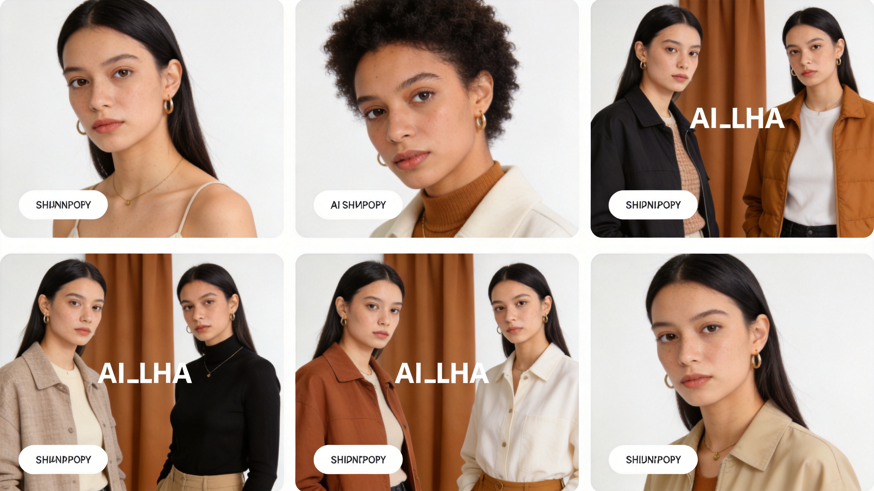 A Shopify collection page mockup showing six AI fashion model images with consistent model identity and branded studio backdrop, demonstrating the collection-page brand consistency that Shopify stores need