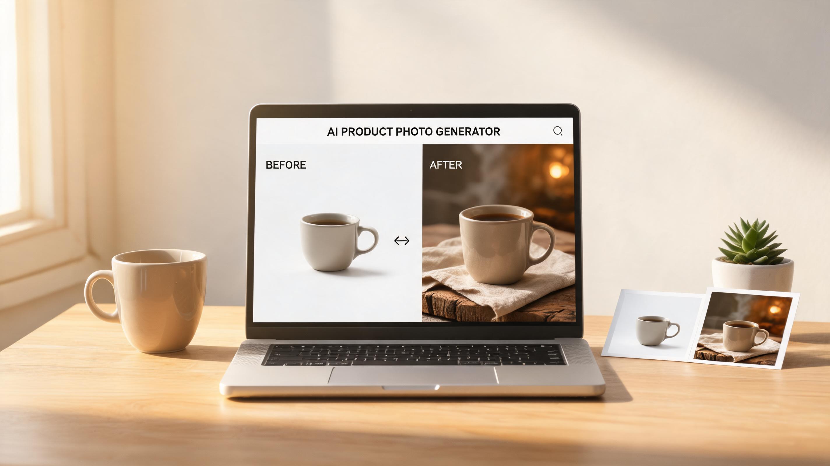 AI product photo generator interface showing a ceramic mug being rendered with a clean lifestyle background on a laptop, with product samples on the desk