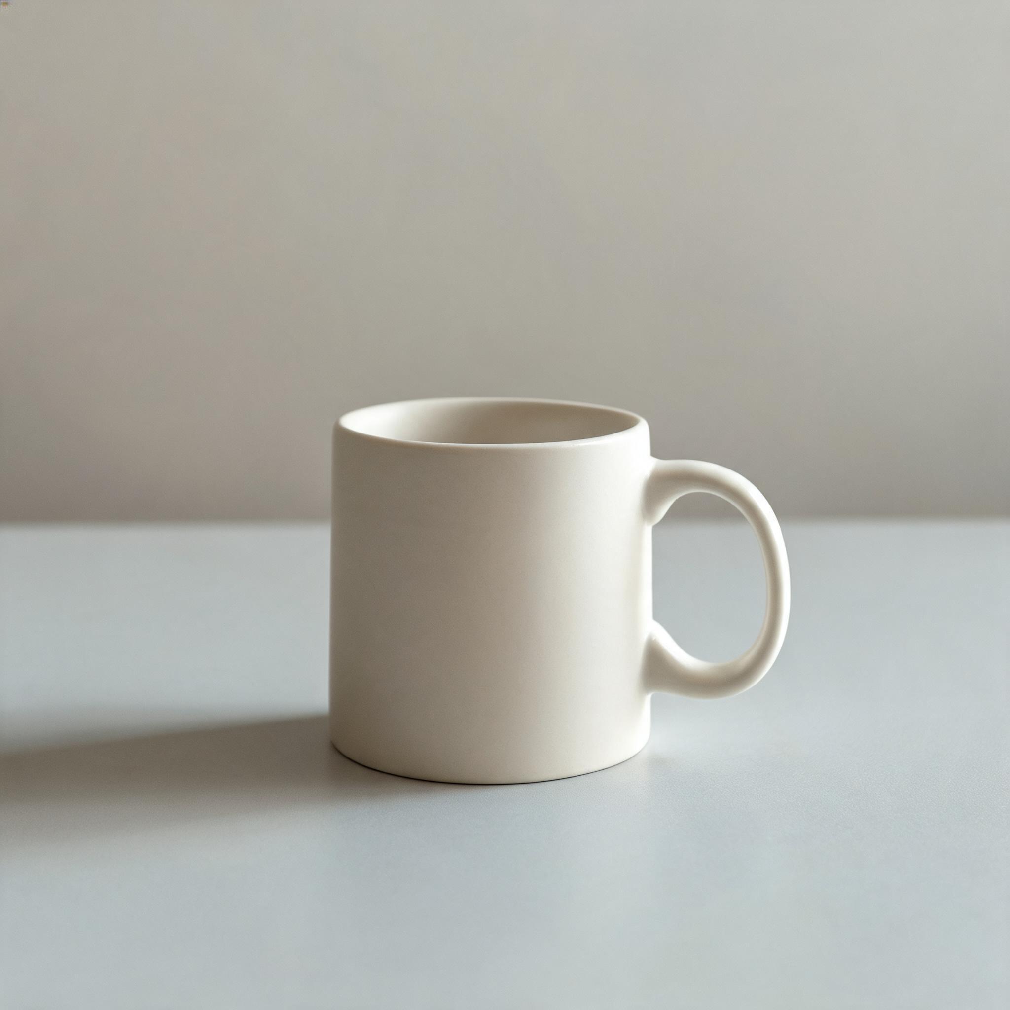 A plain ceramic mug photographed on a simple desk surface — the raw product image before AI product photo generation