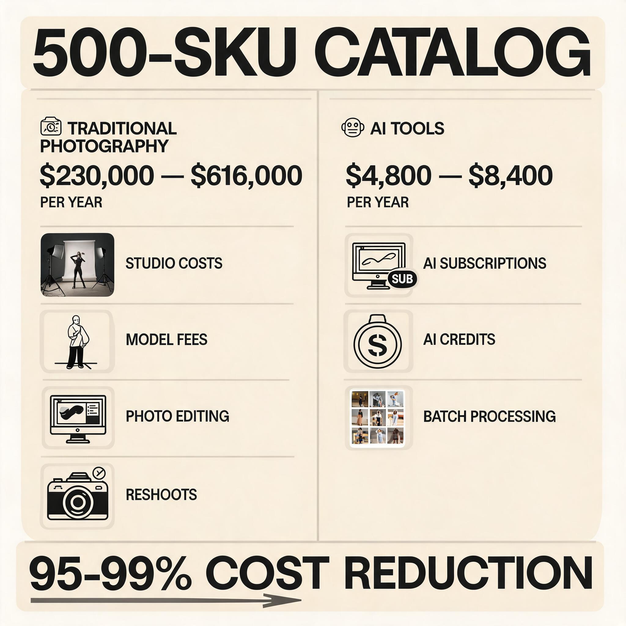 AI product photography cost comparison for a 500-SKU catalog: traditional studio photography at $230,000-$616,000 per year versus AI tools at $4,800-$8,400 per year — a 95-99% cost reduction