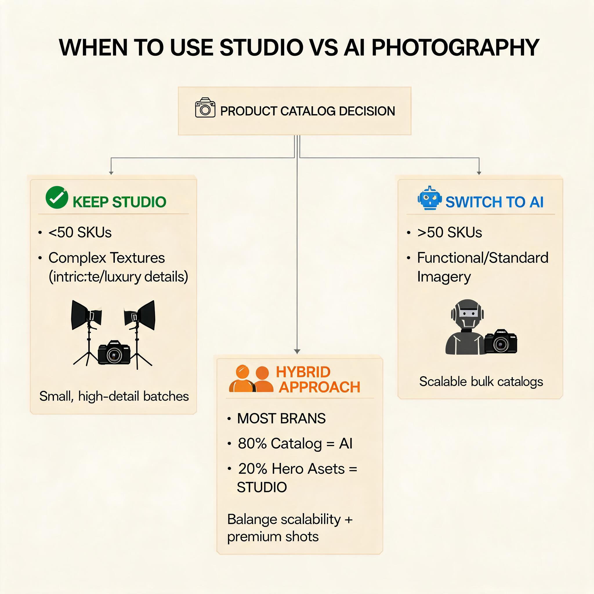 AI product photography decision tree: Keep Studio for under 50 SKUs with complex textures, Switch to AI for over 50 SKUs, or Hybrid Approach using AI for 80% of catalog