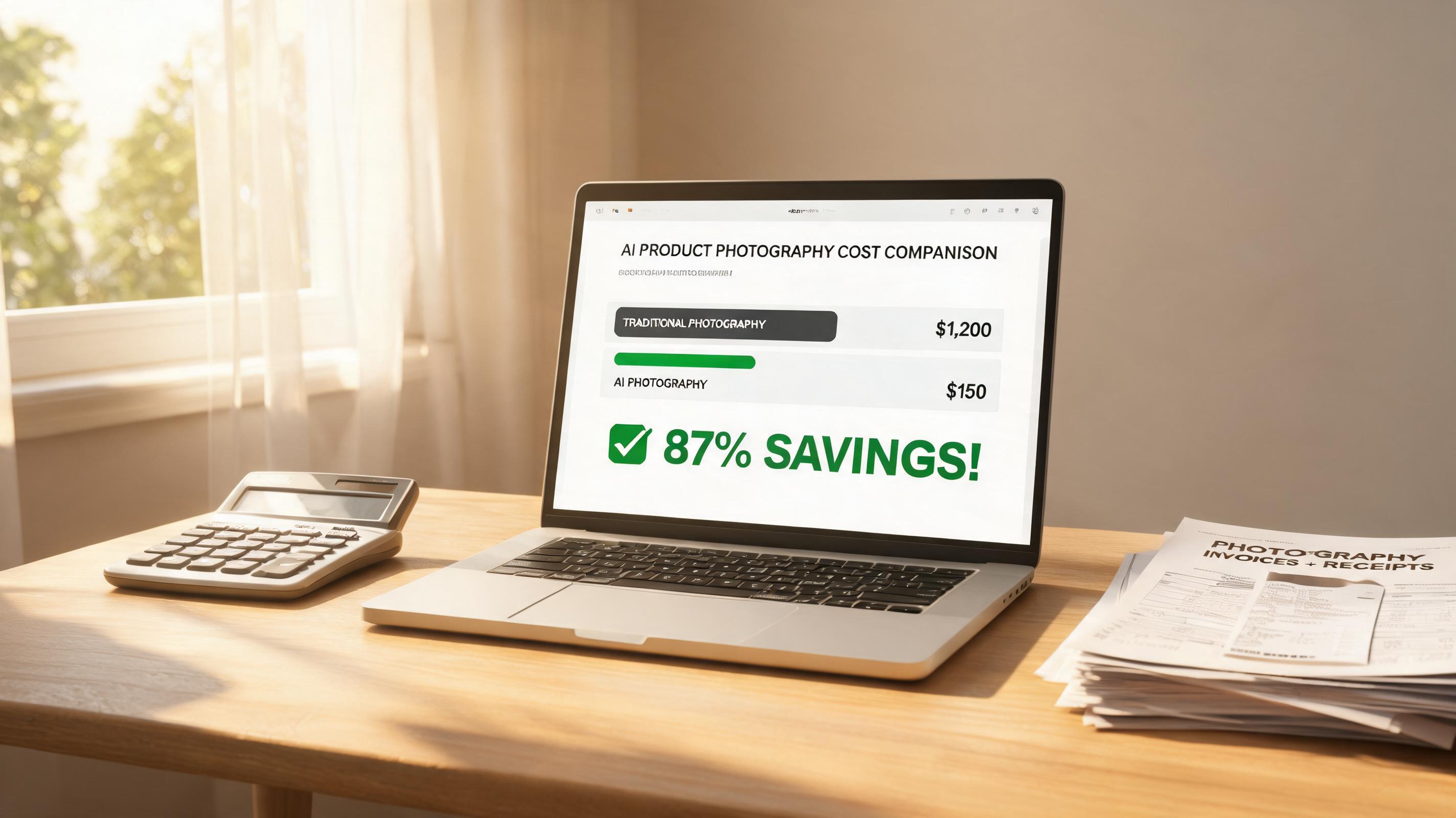 A clean desk setup with a calculator, a stack of photography invoices and receipts, and a MacBook displaying an AI product photography cost comparison dashboard