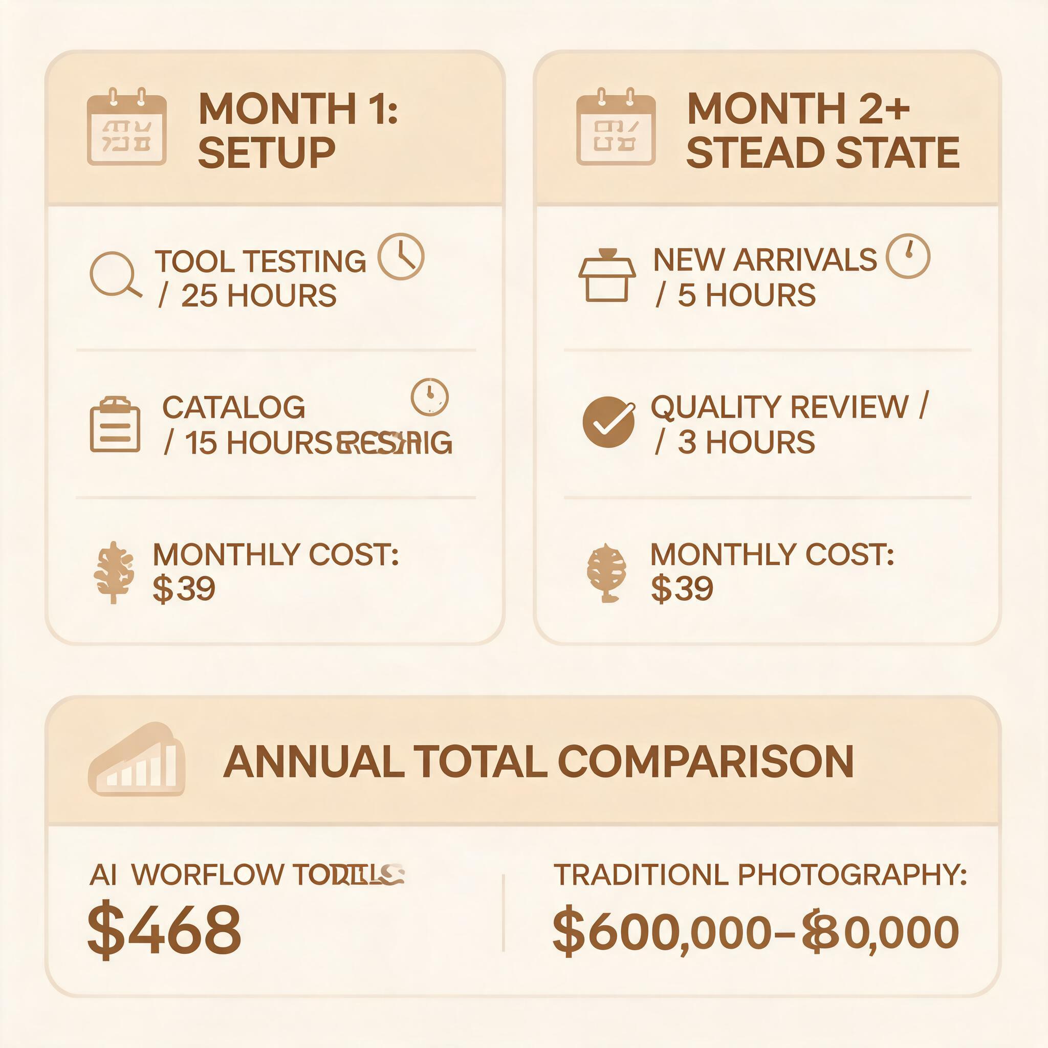 AI product photography monthly workflow timeline: Month 1 setup with 25 hours tool testing and 15 hours catalog processing versus Month 2+ steady state with 5 hours new arrivals and 3 hours quality review, annual total $468 vs $60,000-$80,000