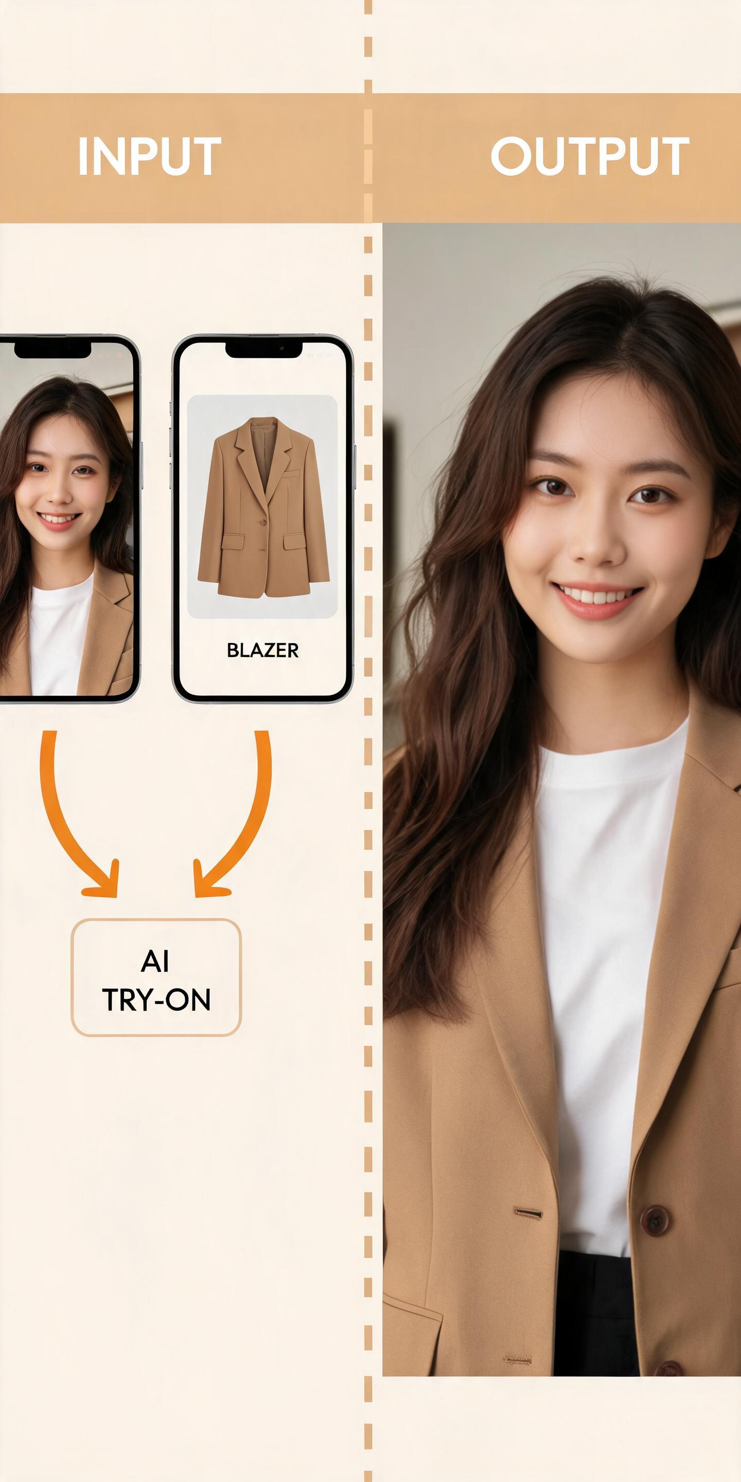 Before-and-after workflow diagram showing the AI try on clothes process: left side a shopper uploads a selfie and garment photo, right side the AI generates a realistic try-on preview with proper fabric draping and fit