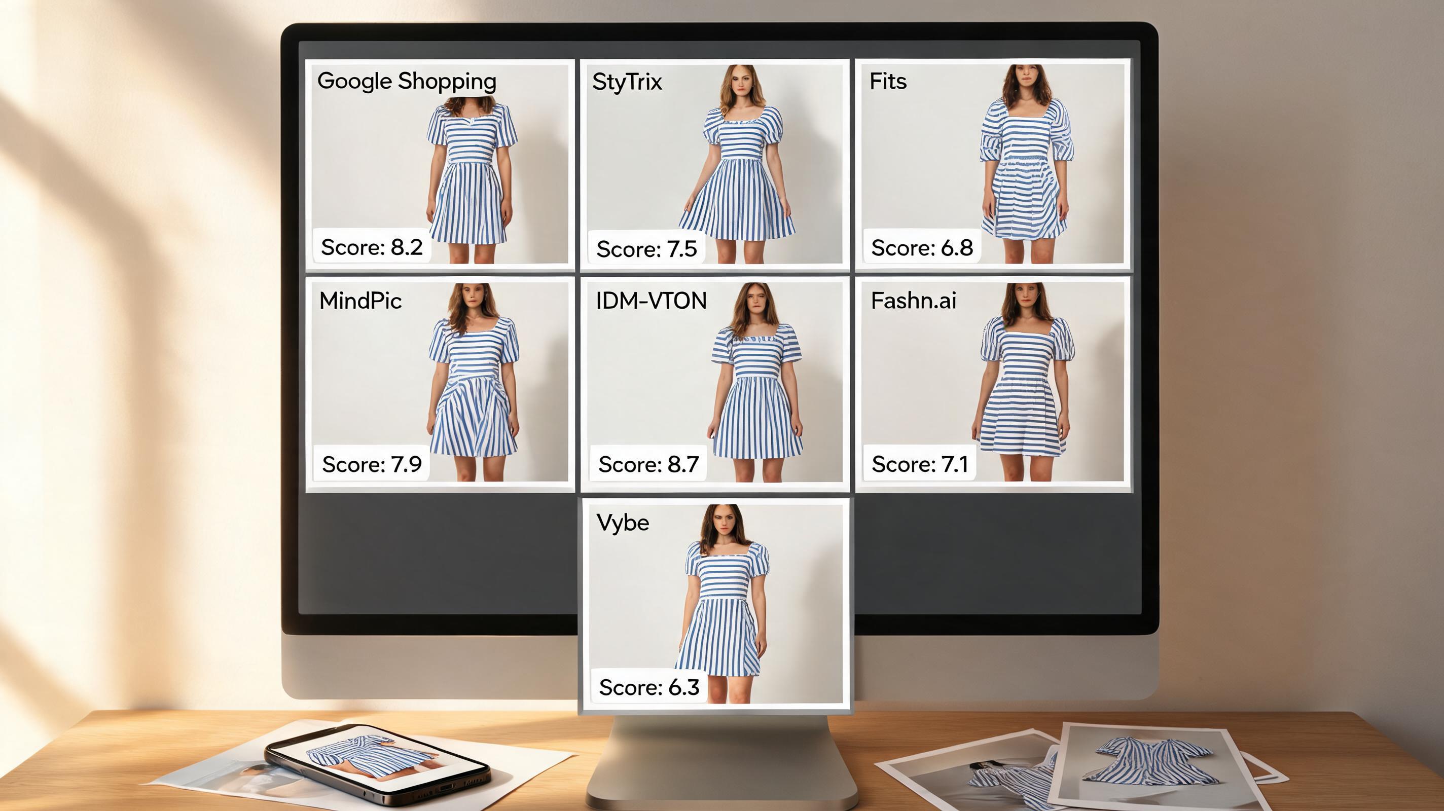 Side-by-side comparison grid on a large monitor showing the same striped dress rendered by 7 different AI try on clothes tools: Google Shopping, StyTrix, Fits, MindPic, IDM-VTON, Fashn.ai, and Vybe, with quality scores below each result