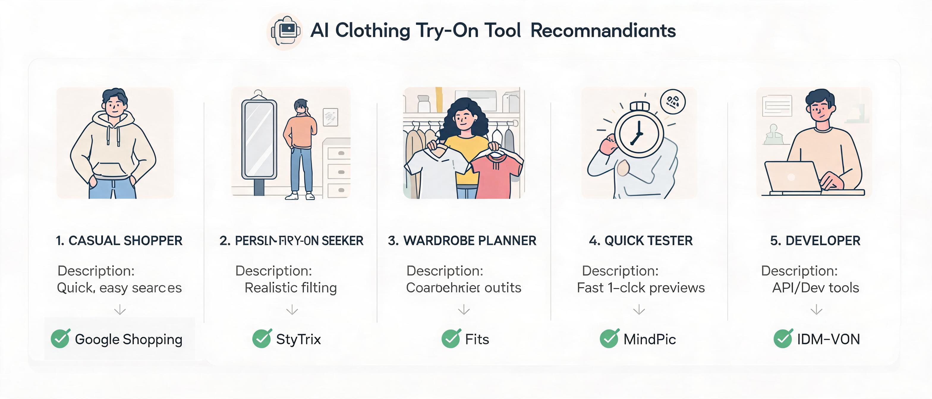 Free AI try on clothes tools recommendation guide: 5 shopper personas — Casual Shopper (Google Shopping), Personal Try-On (StyTrix), Wardrobe Planner (Fits), Quick Tester (MindPic), Developer (IDM-VTON) — matched to their best free tool