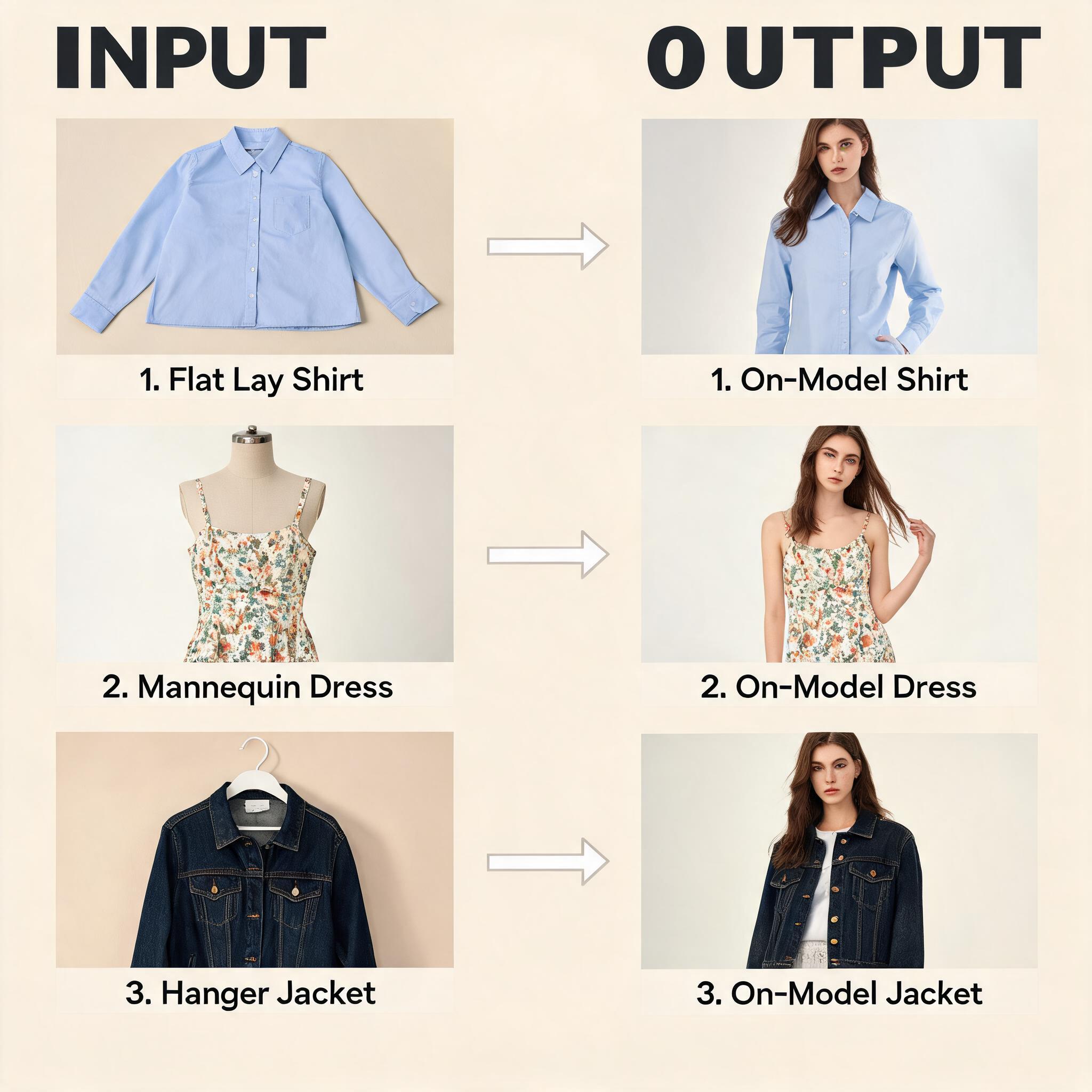 Best AI clothes changer before and after: three garment input photos (flat lay shirt, mannequin dress, hanger jacket) on the left transforming into polished on-model catalog images on the right
