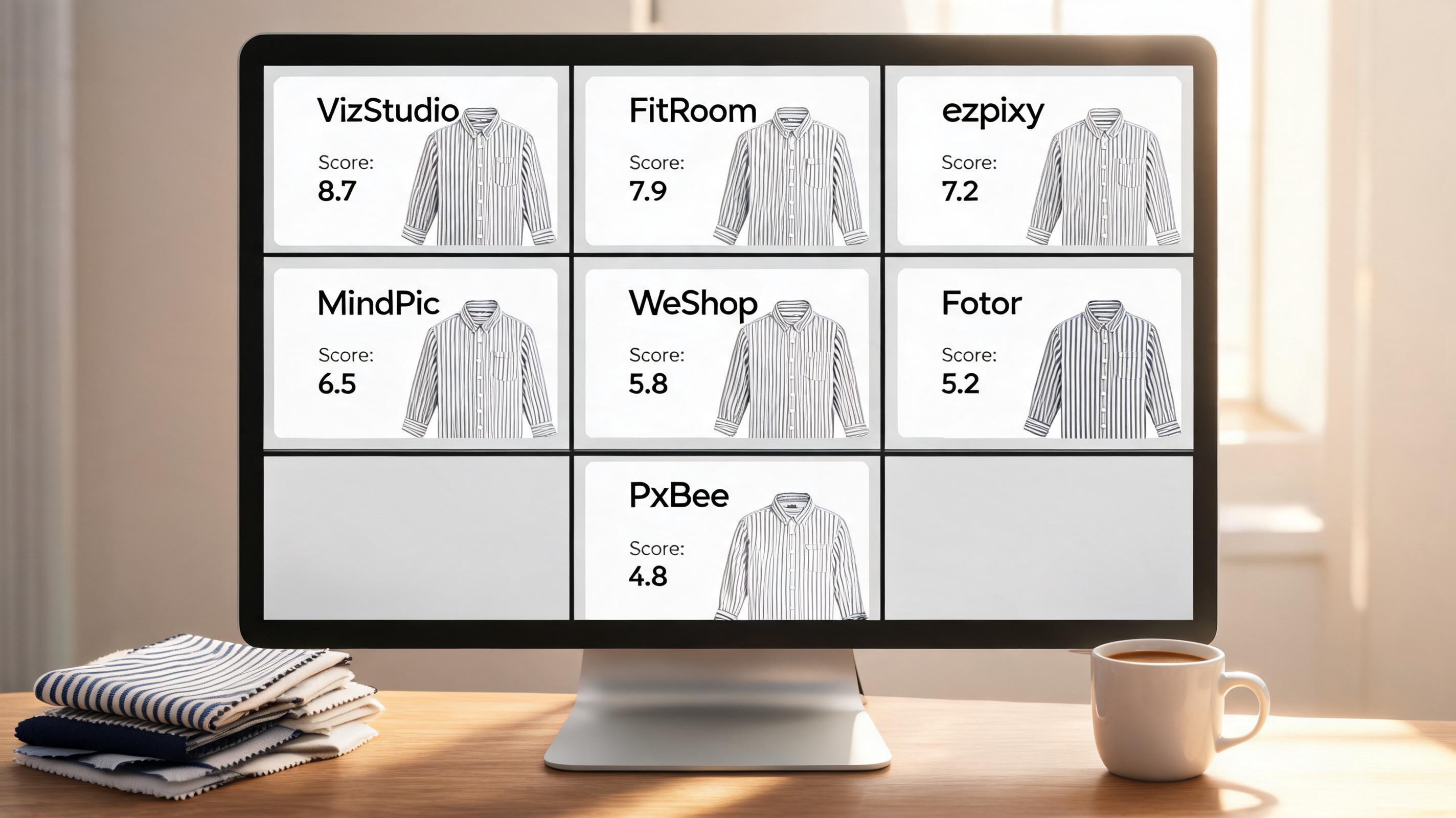 Best AI clothes changer comparison grid: the same striped button-down shirt rendered by seven tools — VizStudio, FitRoom, ezpixy, MindPic, WeShop, Fotor, and PxBee — with quality scores from 4.8 to 8.7
