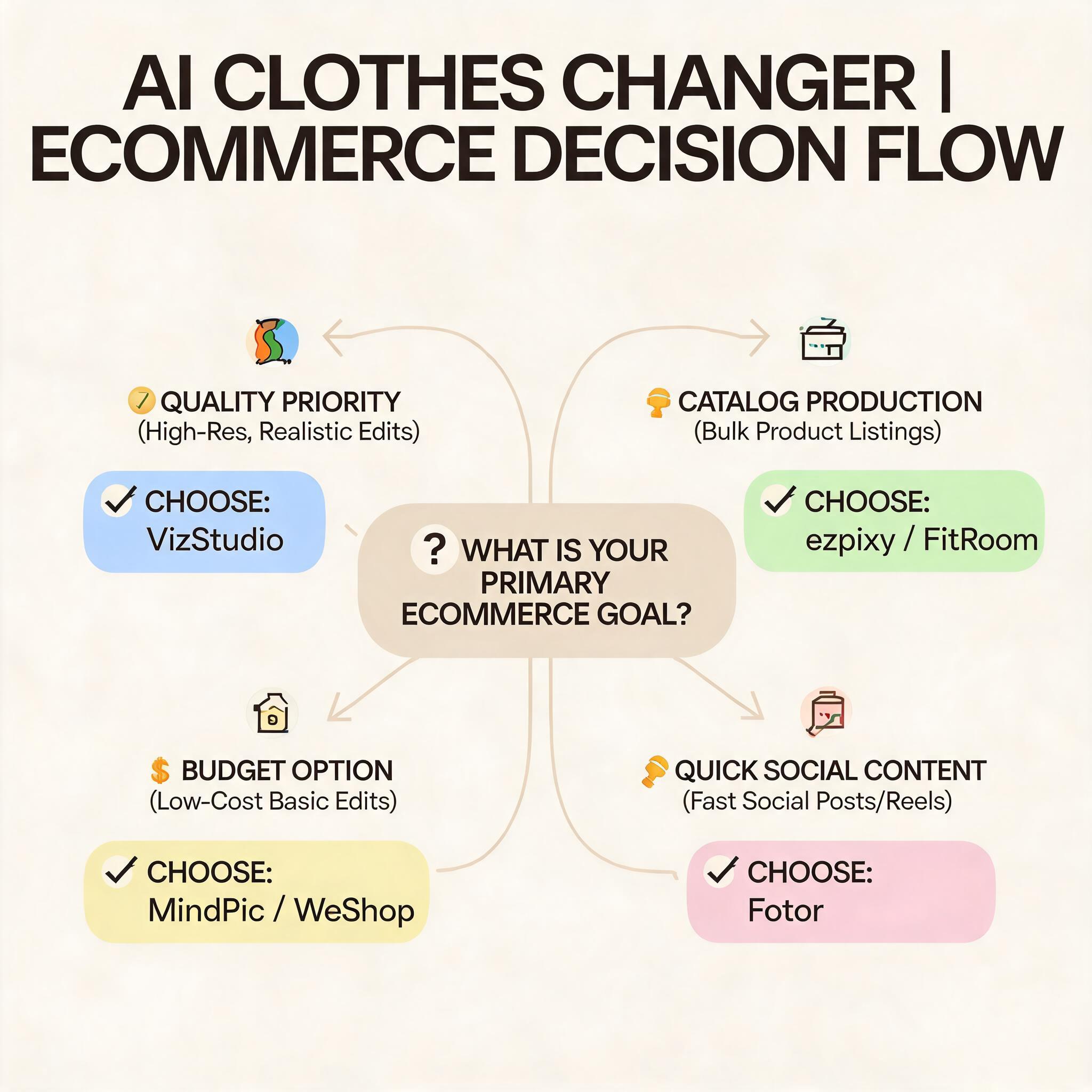 How to choose the best AI clothes changer: a decision flowchart with four paths — quality (VizStudio), catalog production (ezpixy, FitRoom), budget (MindPic, WeShop), and quick social content (Fotor)