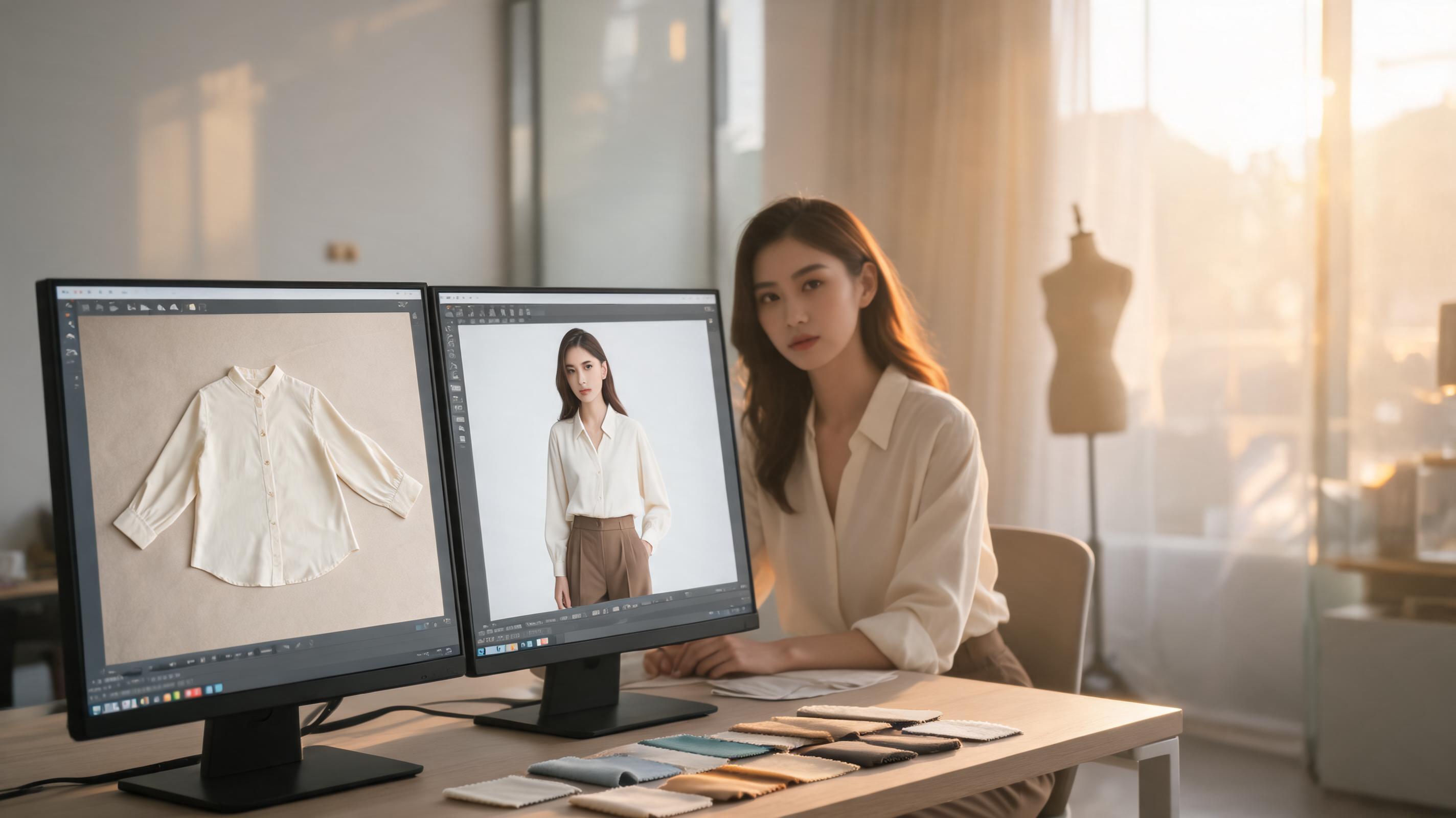 Fashion ecommerce designer comparing flat lay product photos with AI-generated on-model images on dual monitors in a modern creative studio